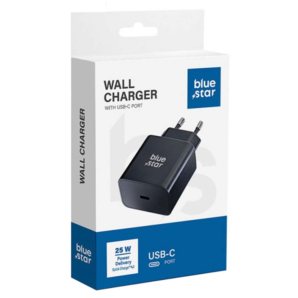 Ein Blue Star Wandladegerät mit USB-C-Anschluss in seiner weiß-blauen Schachtel. Das Ladegerät ist schwarz, die Box hat Text und Logo.
