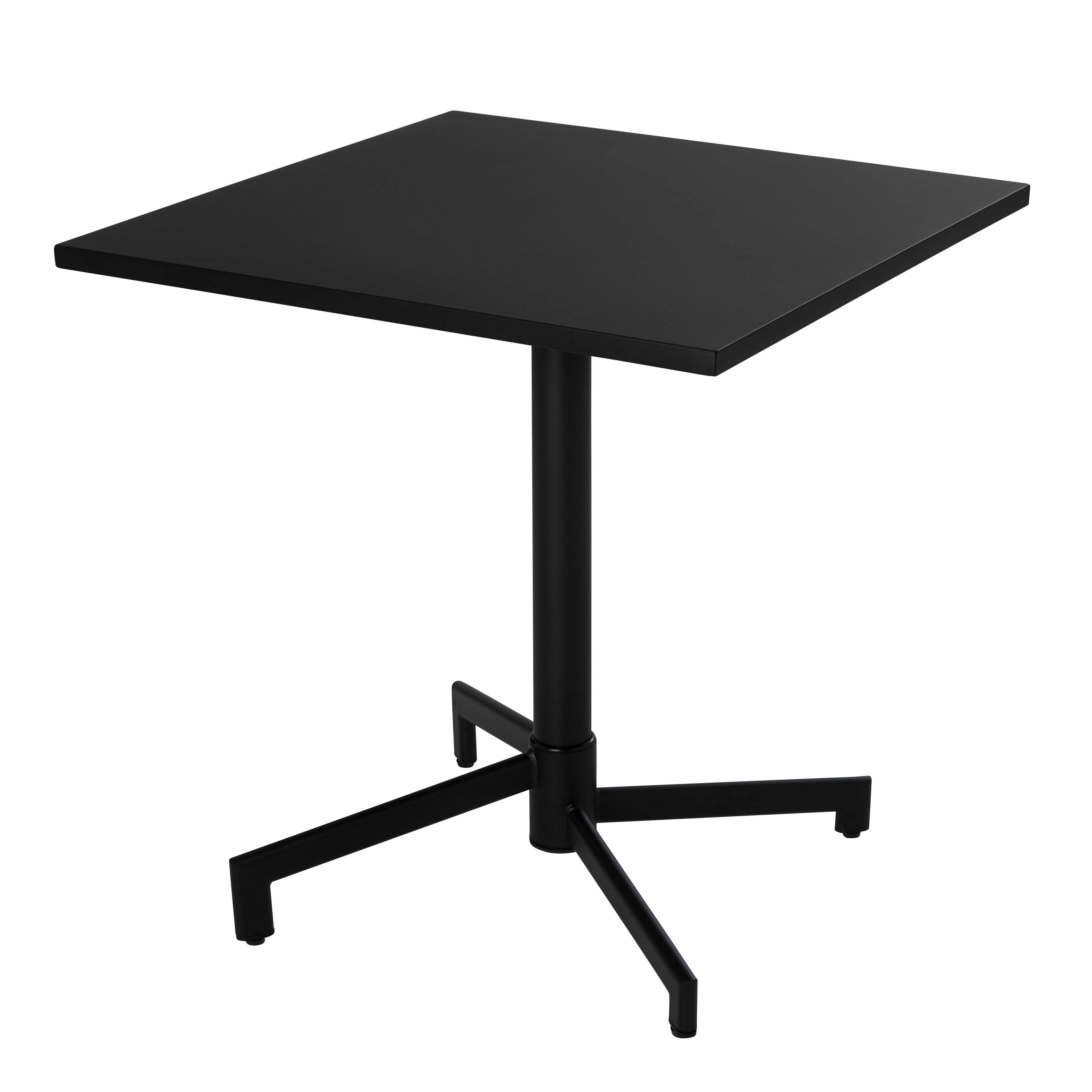 Ein quadratischer, schwarzer Tisch mit einem zentralen Bein und einem dreibeinigen Sockel vor weißem Hintergrund.