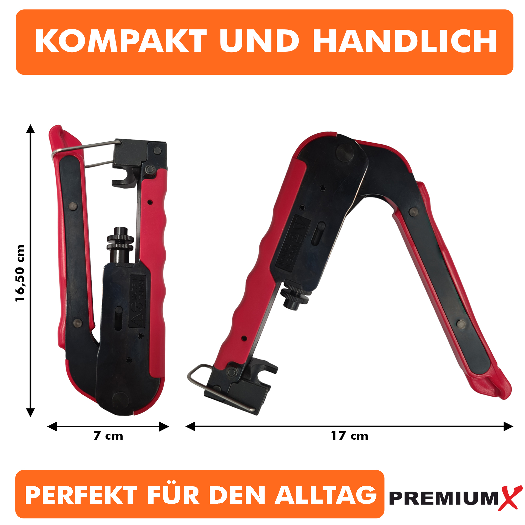 Zwei rot-schwarze Crimpzangen sind abgebildet. Eine ist offen und die andere geschlossen. Abmessungen und Text sind ebenfalls sichtbar.