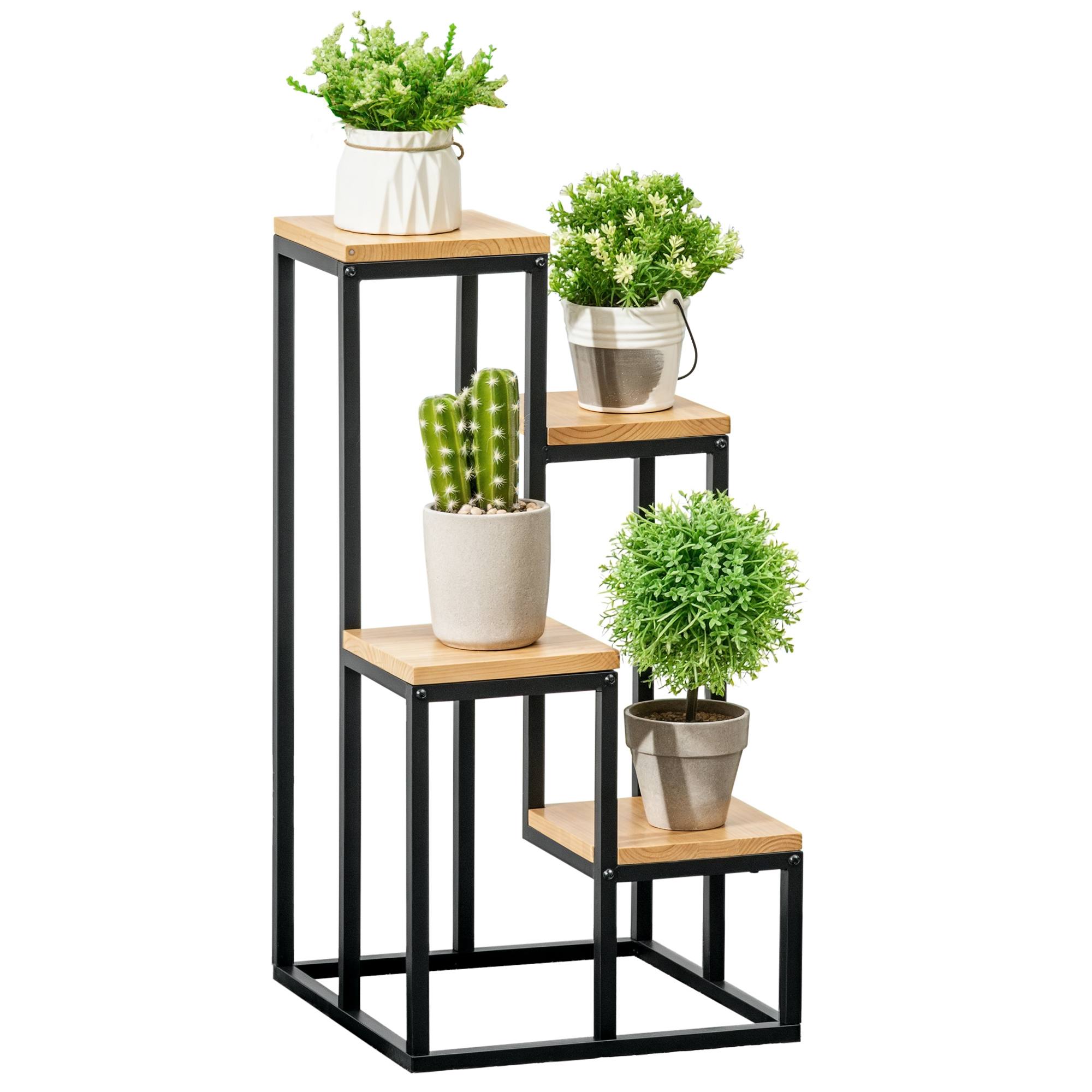 Un portapiante a più livelli con quattro livelli. Ogni livello contiene una diversa pianta in vaso: piante verdi, cactus e una piccola pianta rotonda.