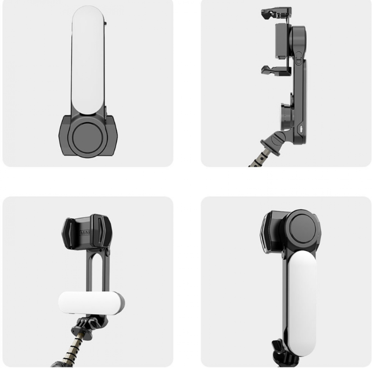 Vier Bilder eines schwarz-weißen Telefonhalters und Lichts, die verschiedene Winkel und Perspektiven des Geräts zeigen.