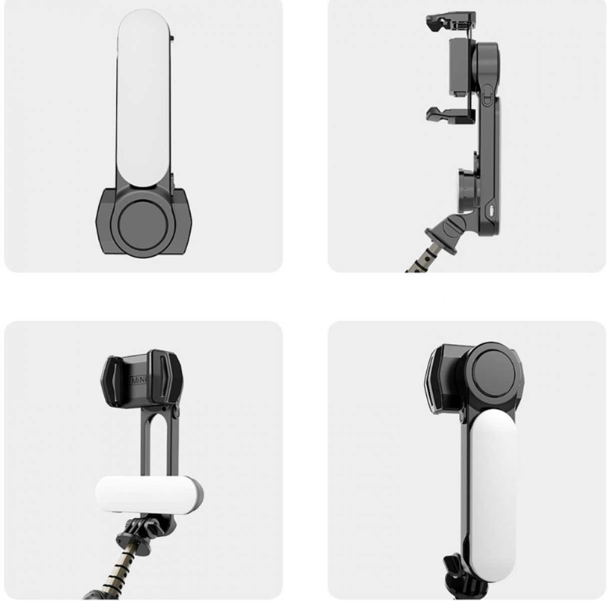 Ein weißer und schwarzer Telefonhalter in vier verschiedenen Winkeln. Jeder zeigt das Design und die Funktionen des Halters.