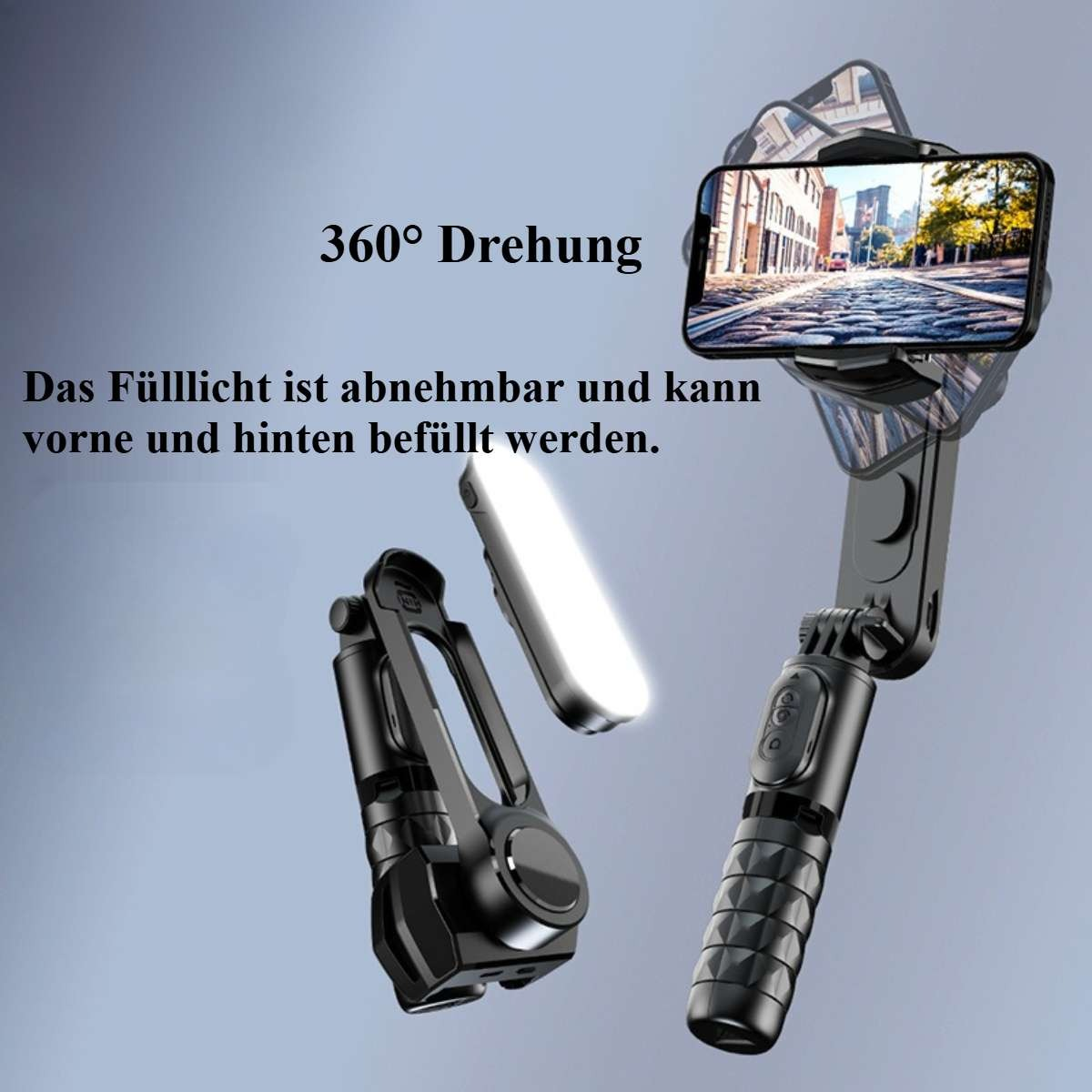 Ein Telefonhalter mit Licht, 360-Grad-Drehung. Das Licht ist abnehmbar und kann vorne und hinten gefüllt werden.