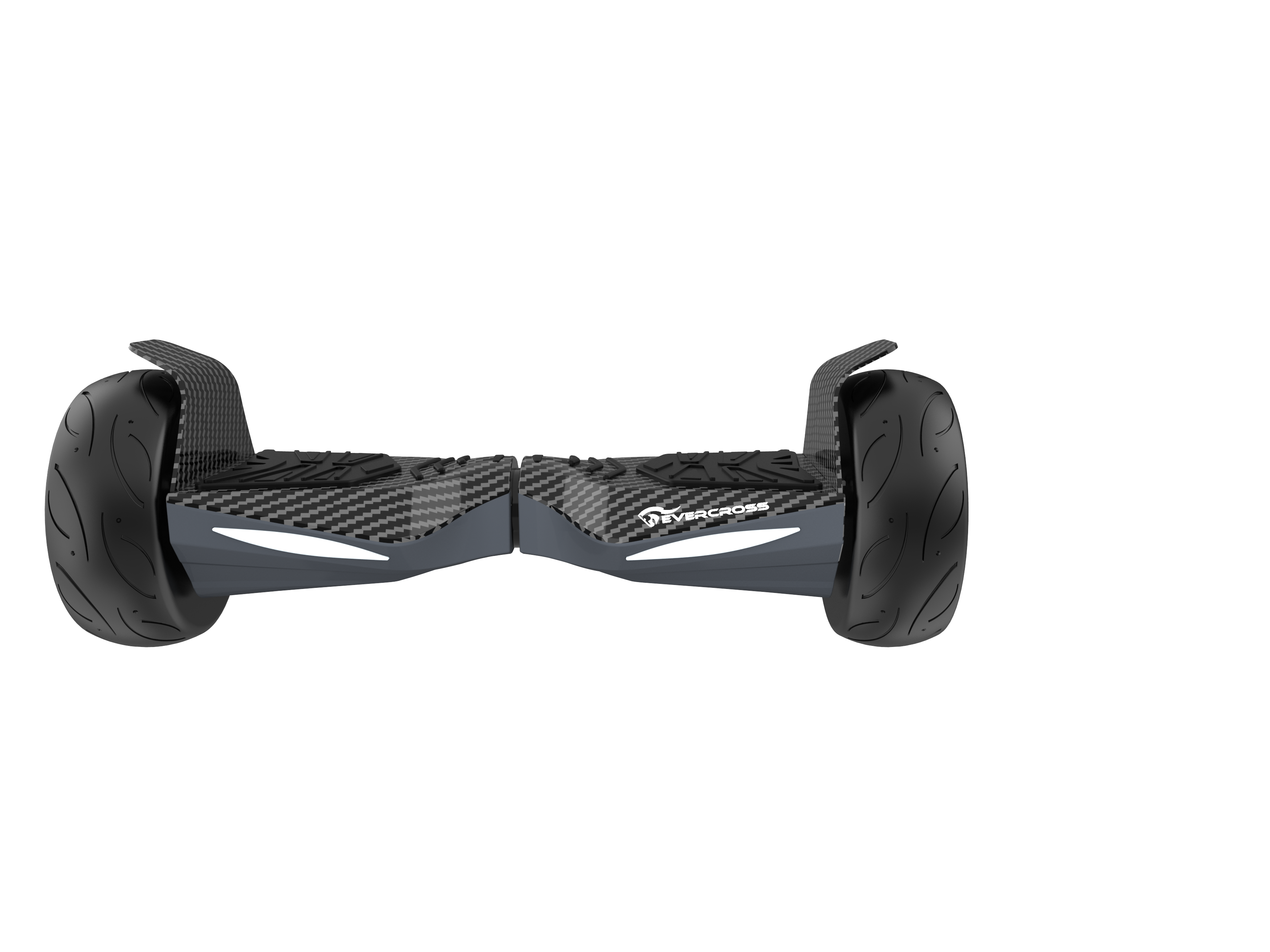 Een hoverboard met zwarte banden, een donkergrijze behuizing en een koolstofvezelontwerp, tegen een zwarte achtergrond.