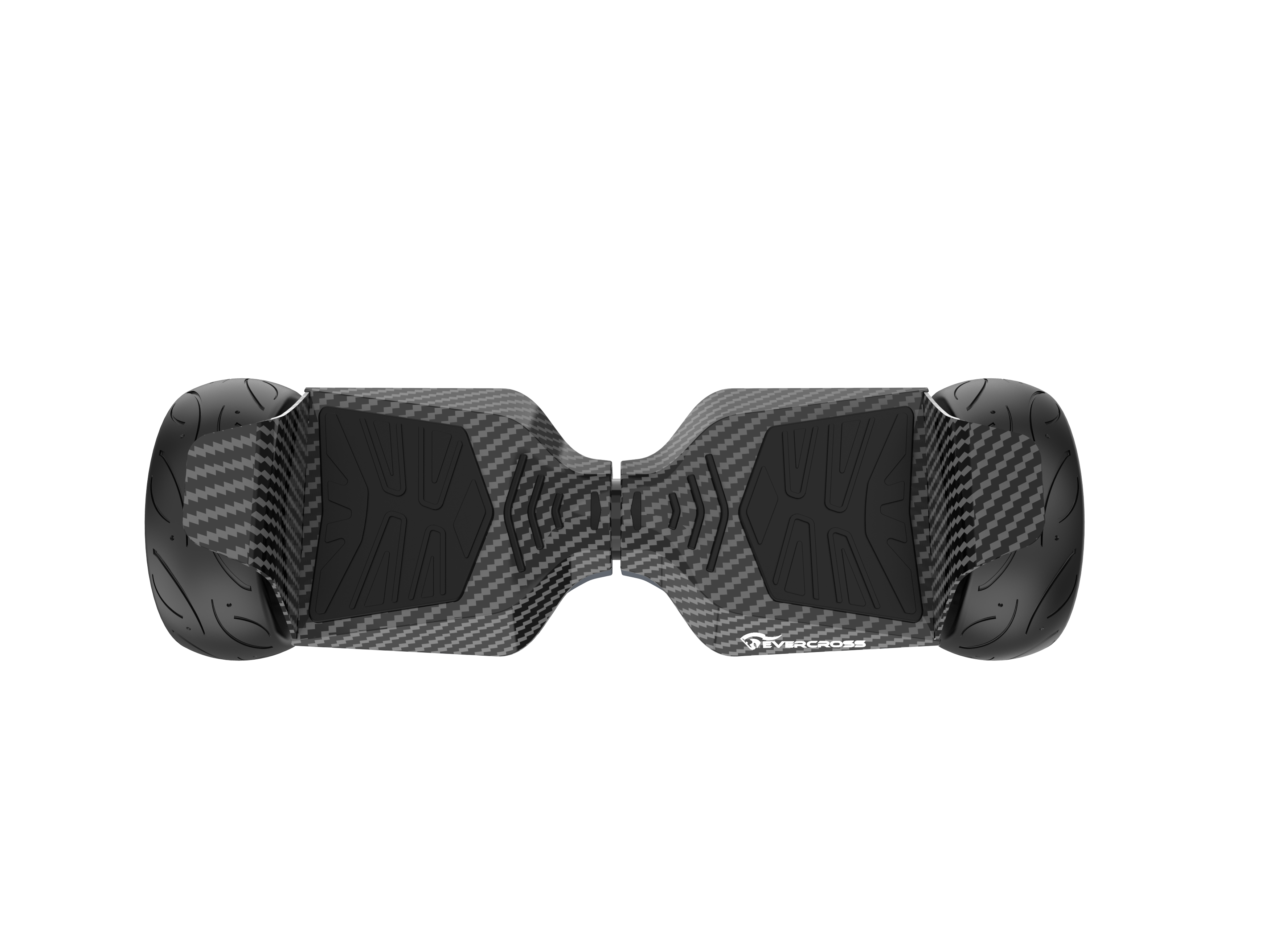 Een hoverboard met een zwart-grijs carbonvezel ontwerp, zwarte wielen en het Evercross logo.