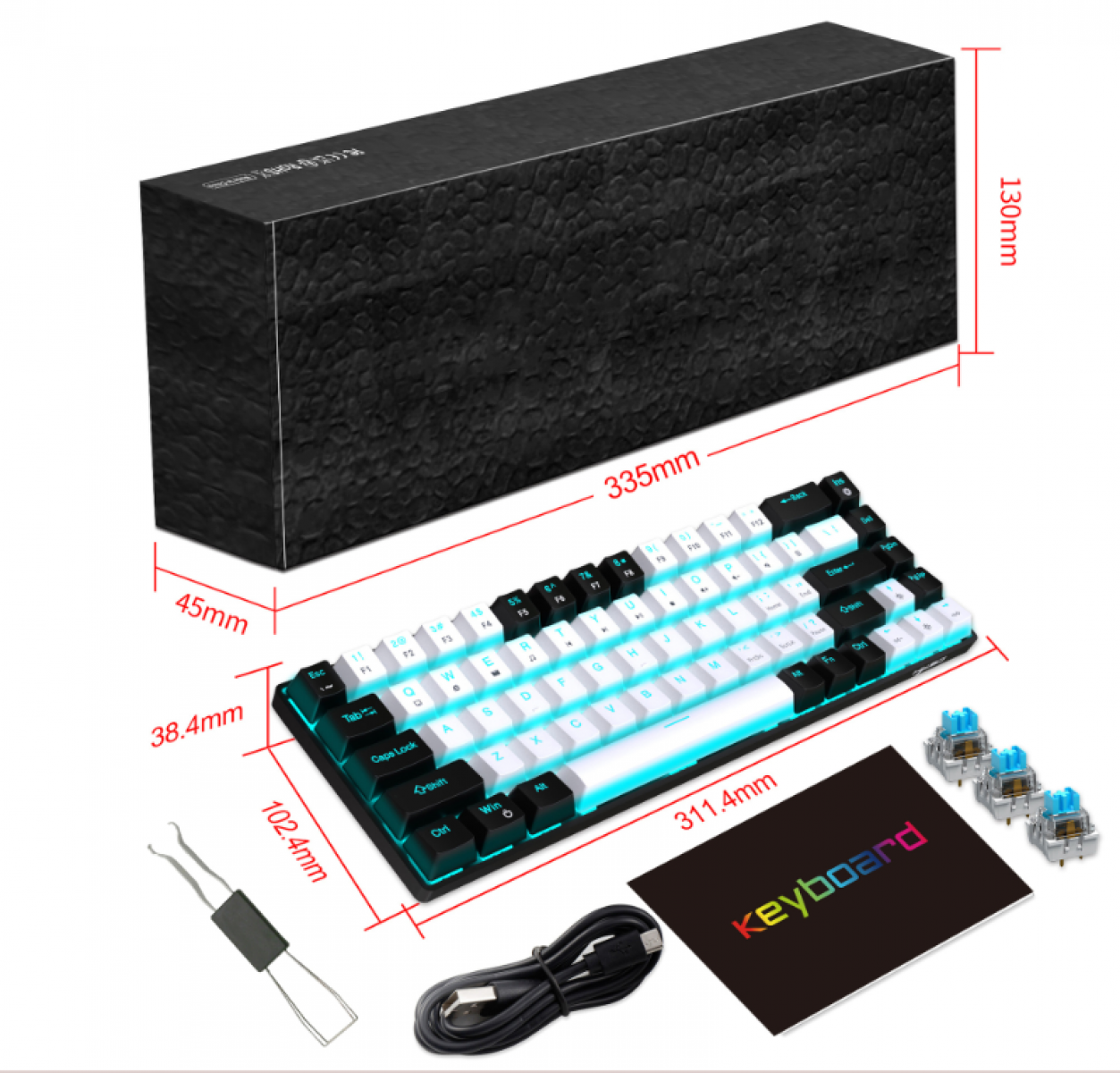 Eine Tastatur und ihre Box werden angezeigt. Abmessungen sind angegeben. Zubehör umfasst Tastenkappen und ein Kabel.