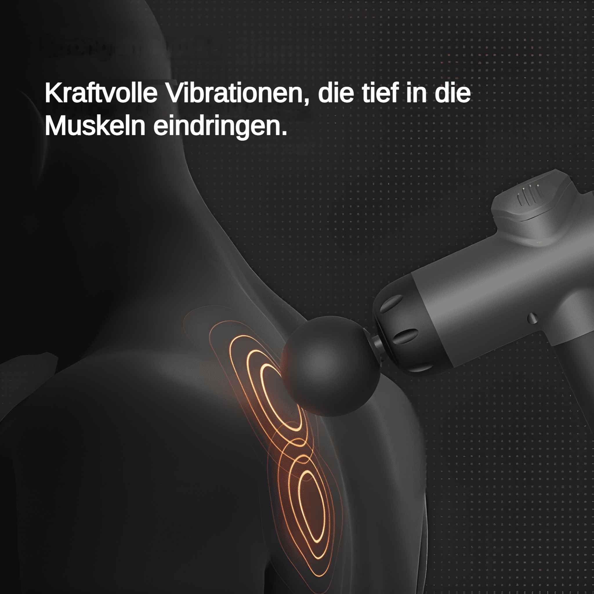 Eine Massagepistole auf einer Schulter. Orangefarbene Energielinien heben die Muskeln hervor. Text auf Deutsch ist sichtbar.