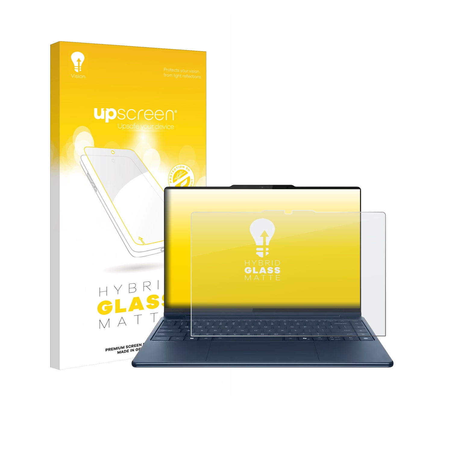 Ein Laptop mit Displayschutzfolie und deren Verpackung. Die Displayschutzfolie ist teilweise auf dem Bildschirm angebracht. Die Verpackung ist gelb und weiß.