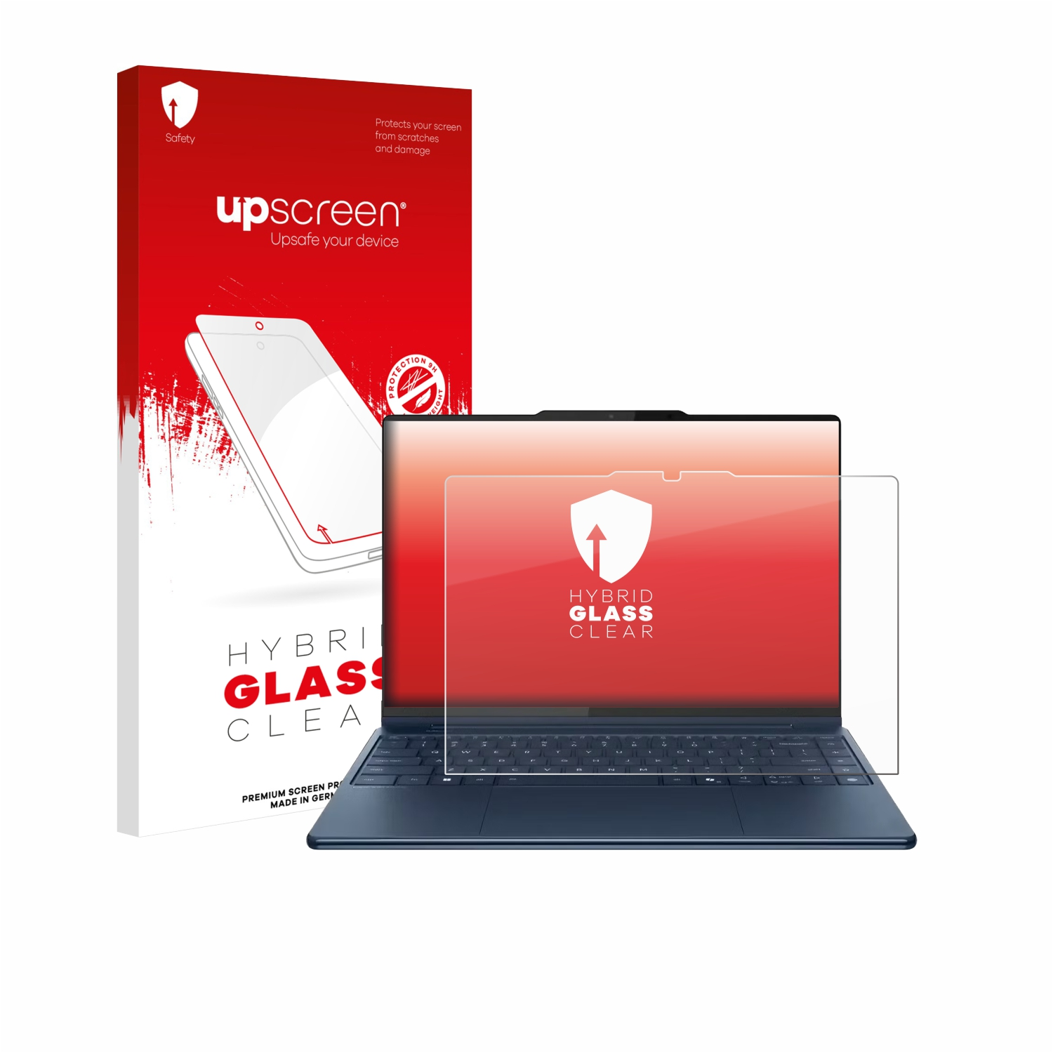 Laptop mit Displayschutzfolie. Roter Hintergrund, Tastatur sichtbar. Verpackung links mit Text: upscreen, Hybrid Glass Clear.