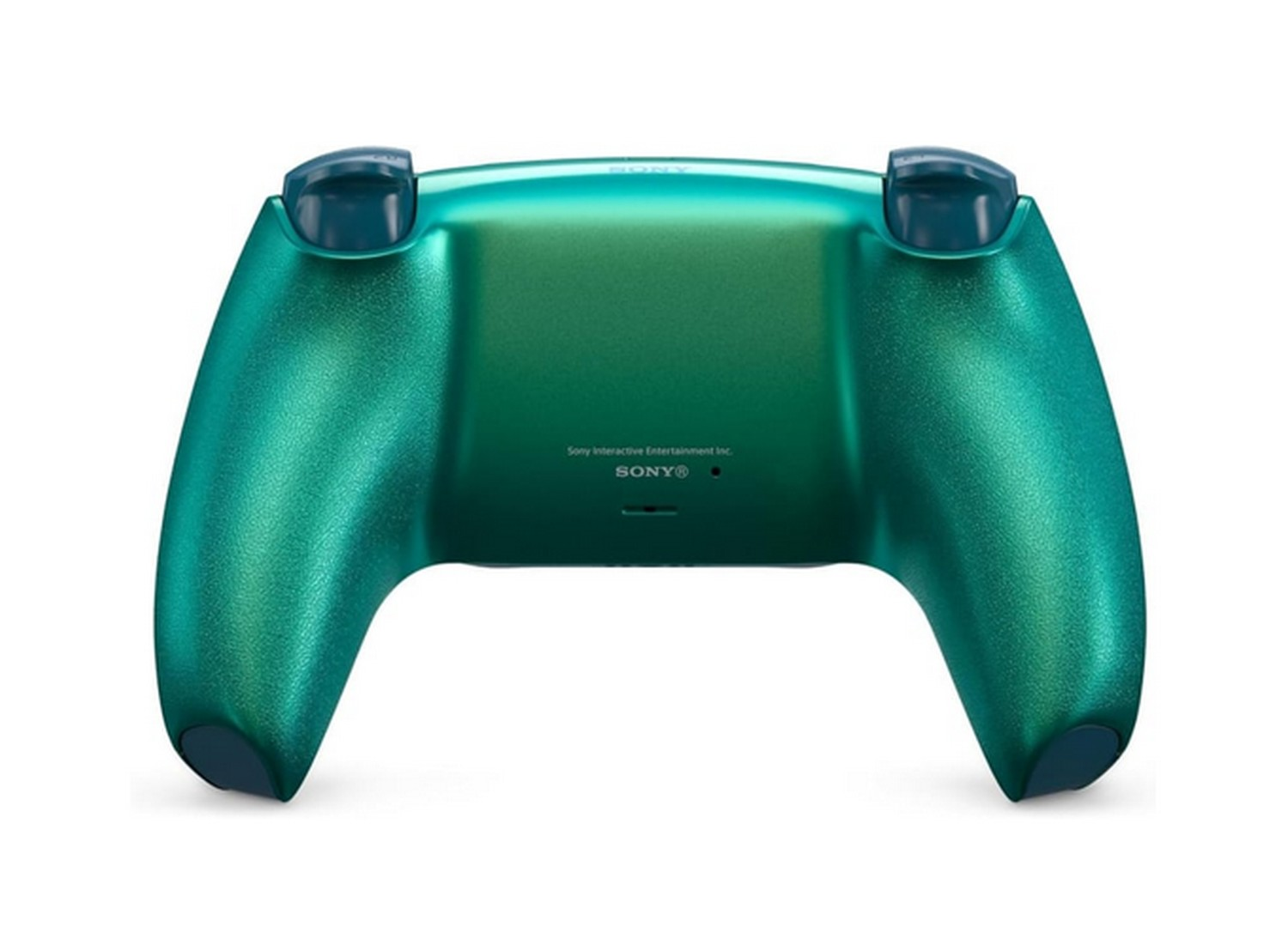 Controller verde Playstation 5, vista posteriore. Dettagli blu scuro in alto. Logo e testo Sony in basso.