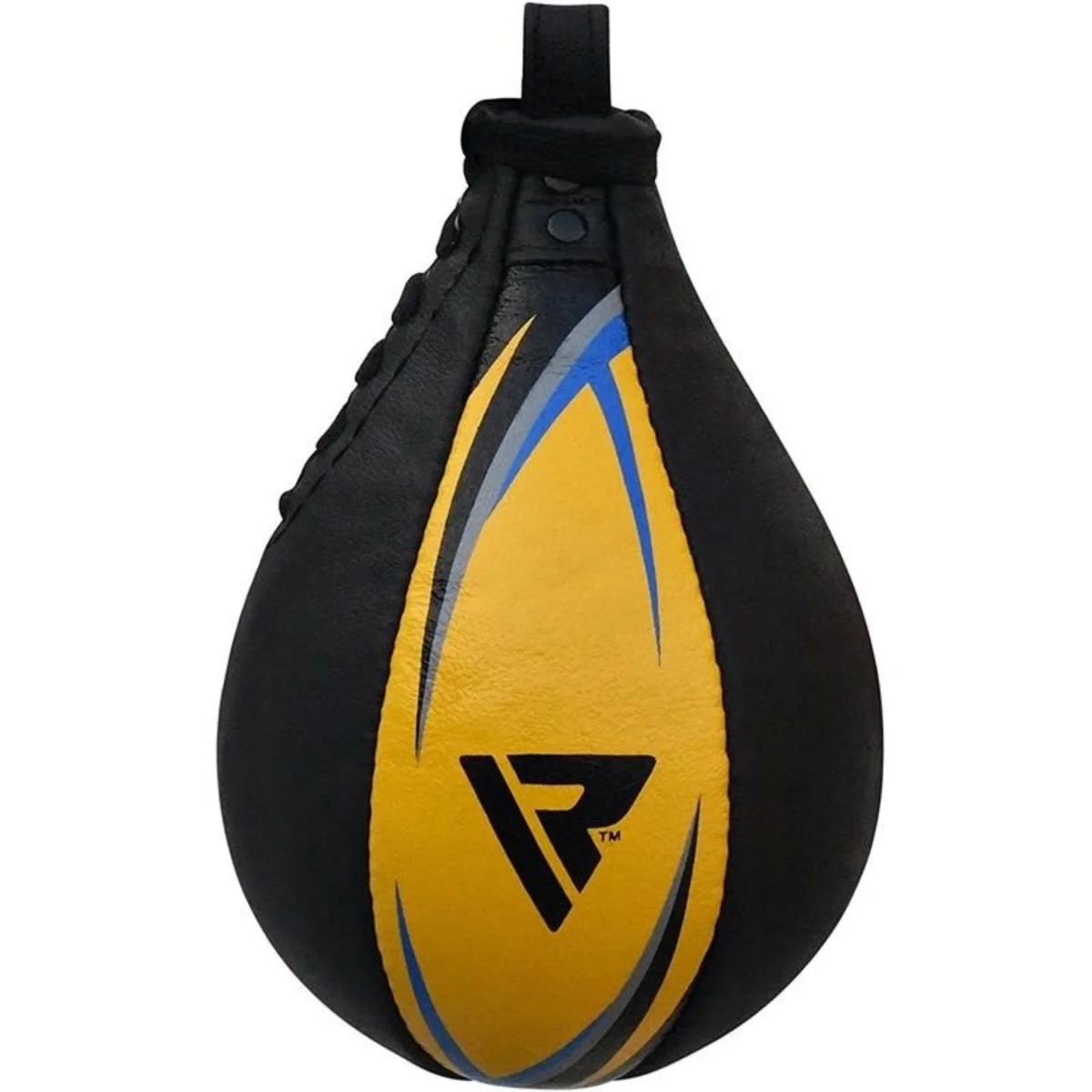 A black and yellow teardrop-shaped boxing speed bag. It has a logo and blue and gray accents on the front.