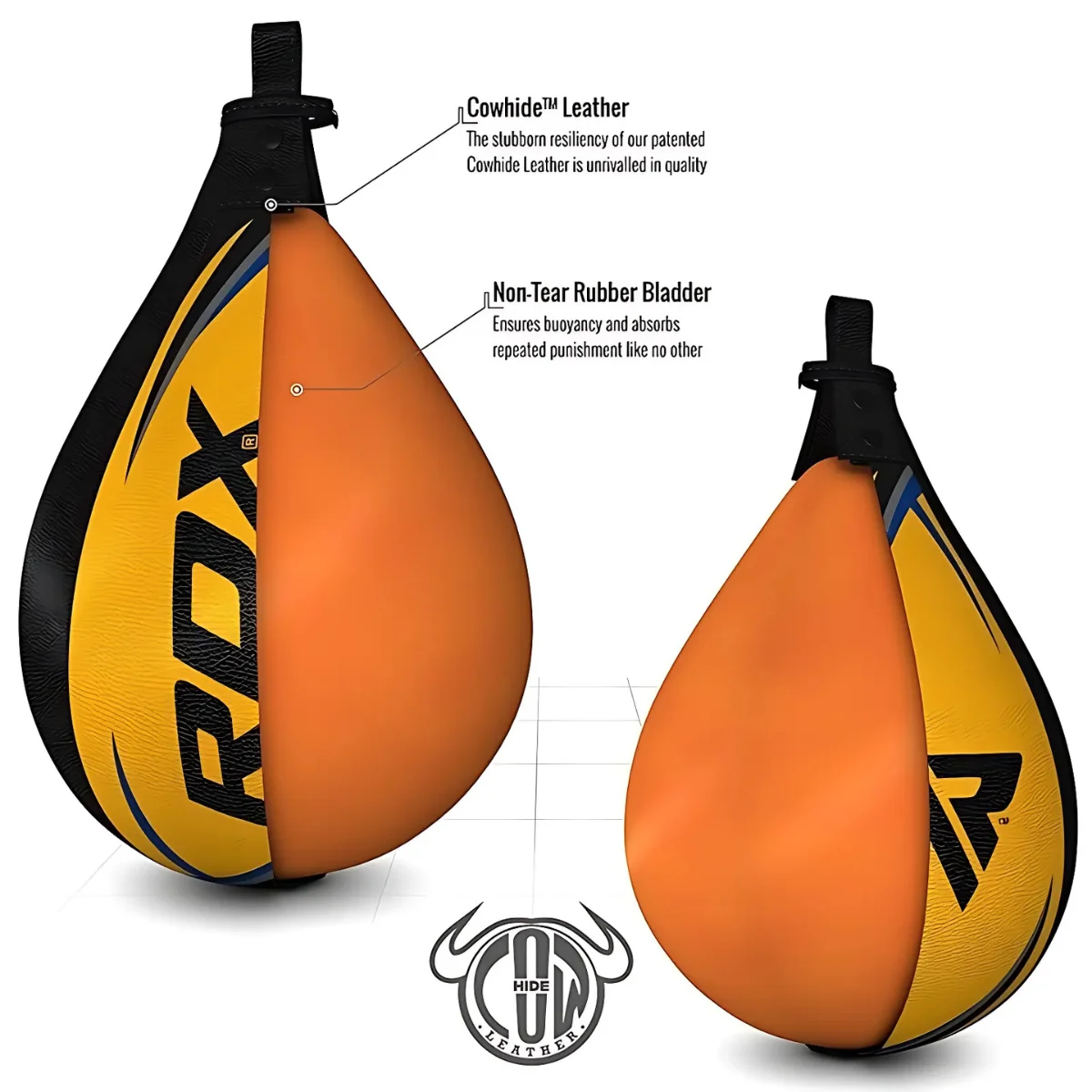 Two teardrop-shaped punching bags, one cut open to show the inside. Labels highlight cowhide leather and a non-tear rubber bladder.