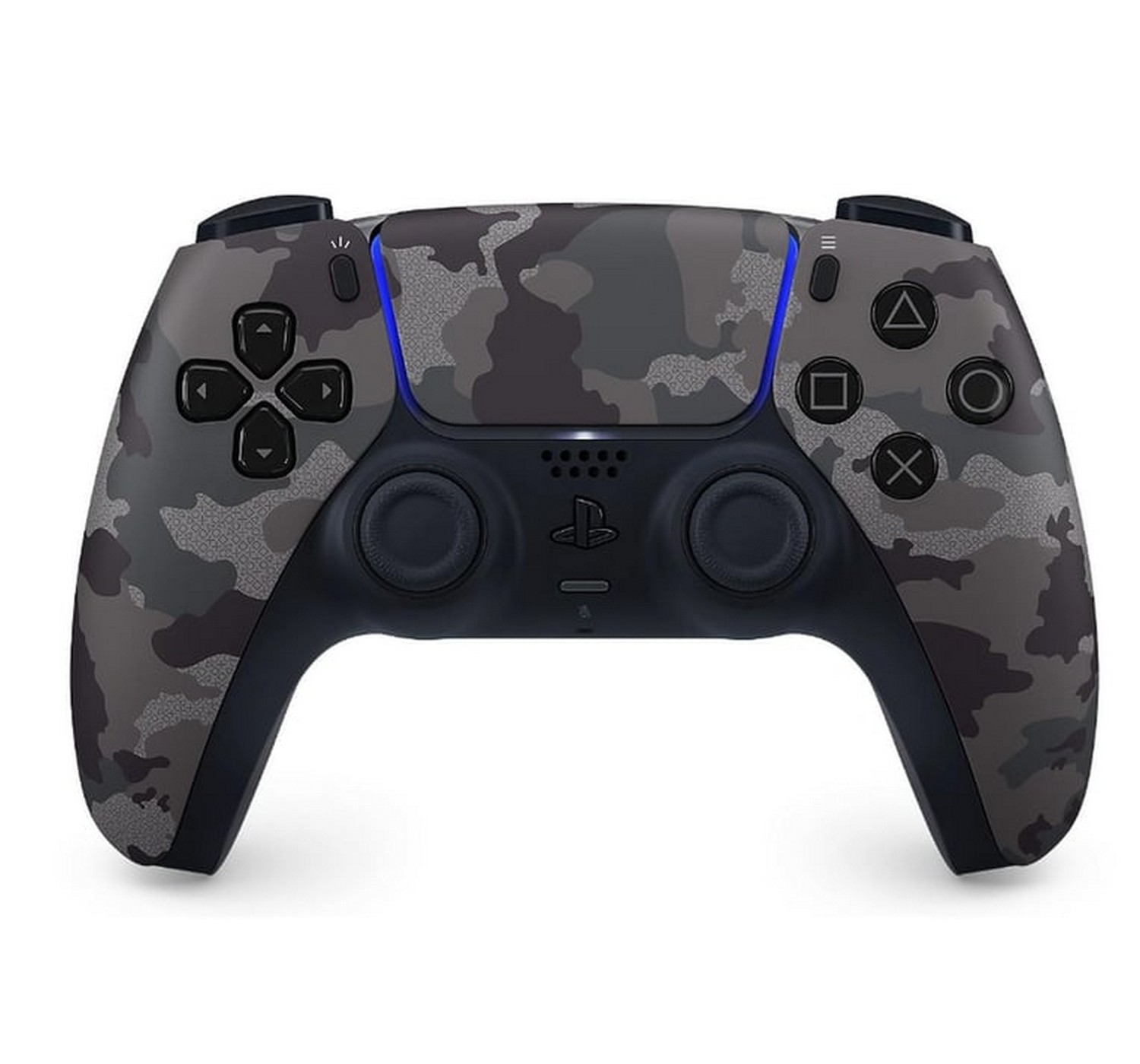 Une manette Playstation 5 à motif camouflage. Elle possède des boutons noirs, des gâchettes et une croix directionnelle. Le fond est blanc.