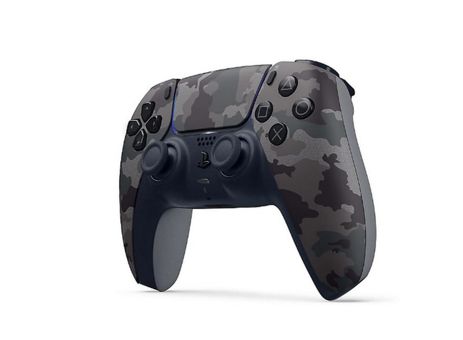 Une manette PlayStation 5 camouflage. Les boutons incluent X, carré, triangle et cercle. Elle a deux joysticks et un pavé tactile.