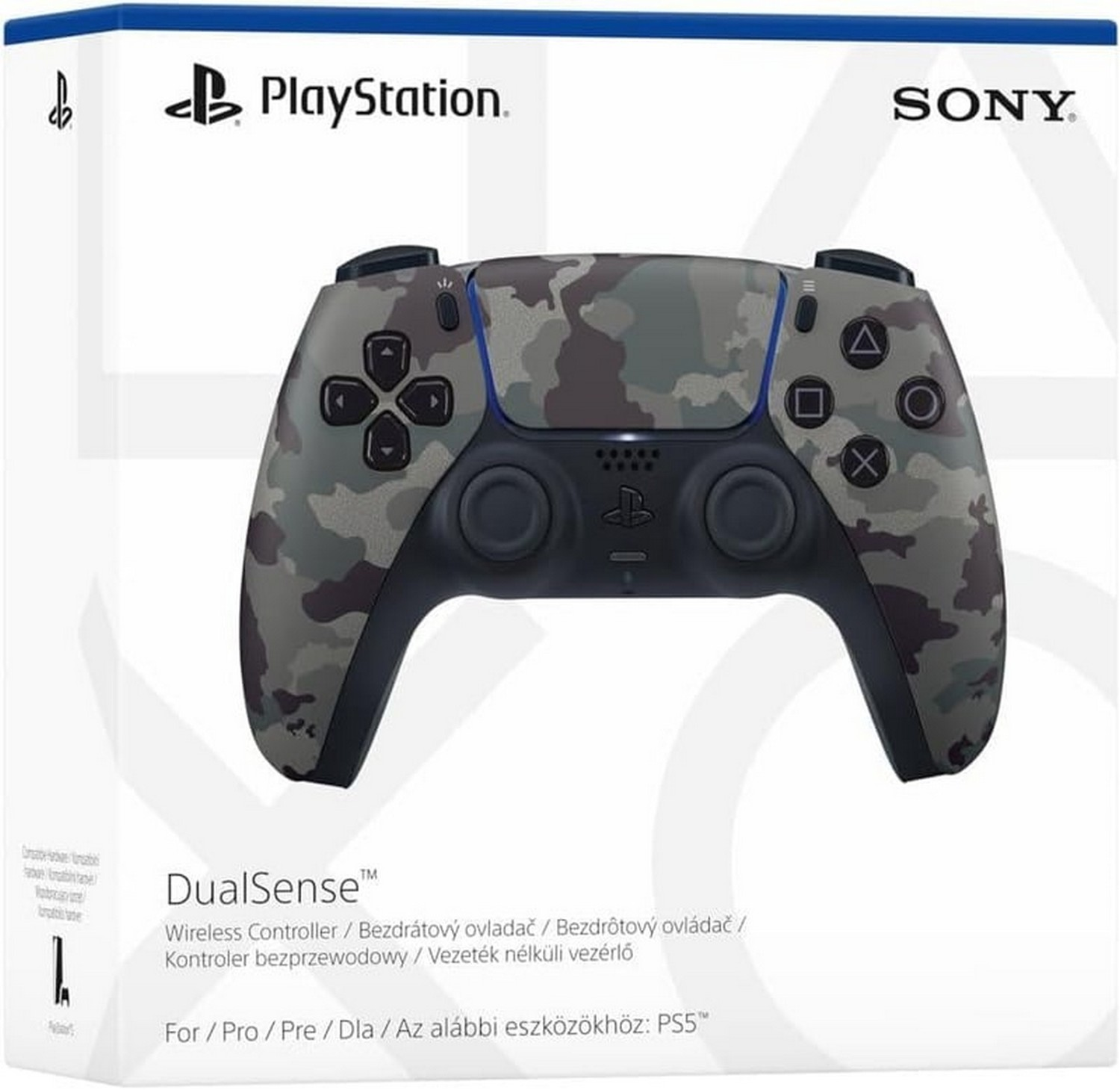Kontroler bezprzewodowy DualSense do PlayStation 5 w kamuflażu, w pudełku z logo Sony i PlayStation.