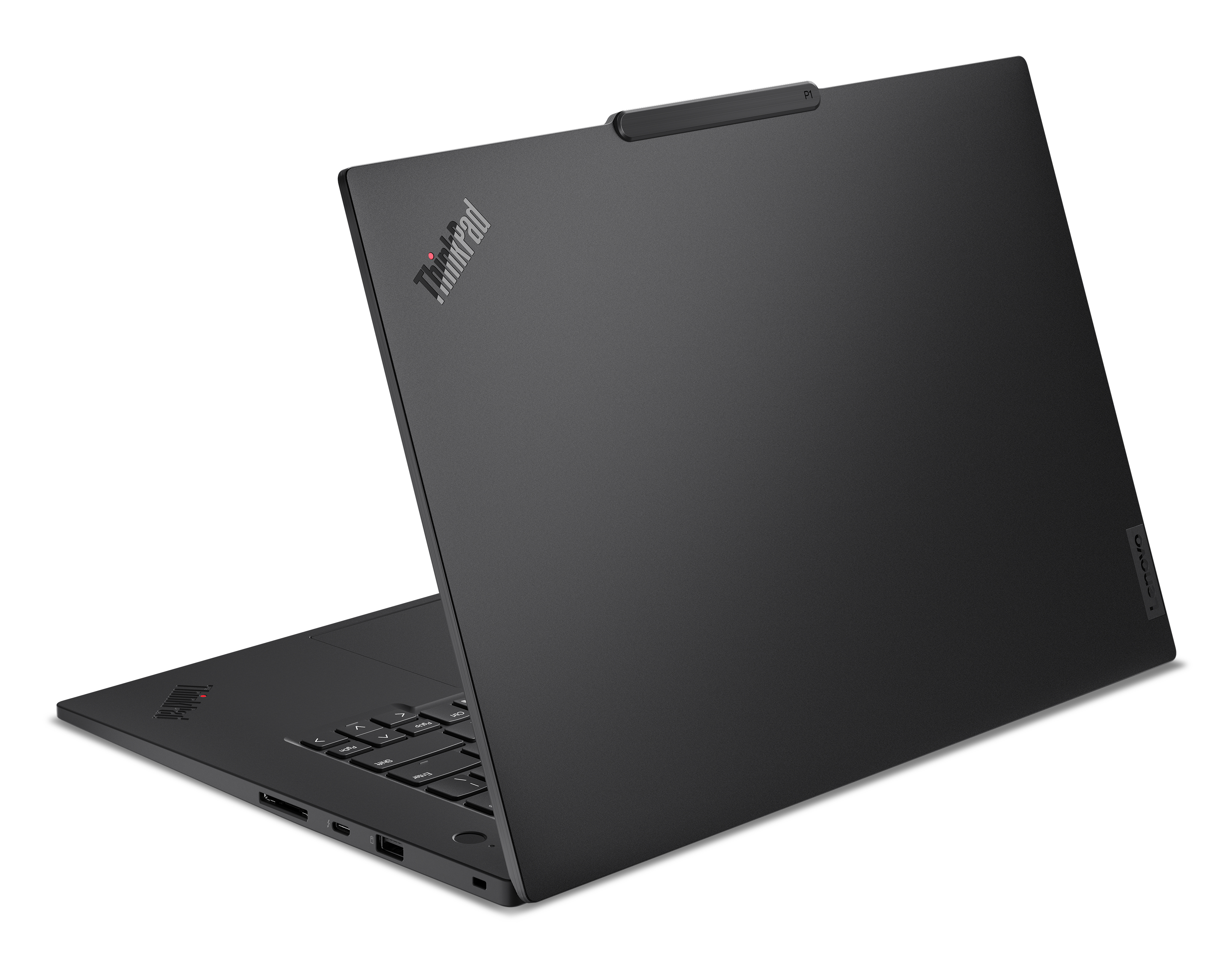 Un laptop ThinkPad nero è aperto. Lo schermo è alzato. Lenovo è visibile. Lo sfondo è bianco.