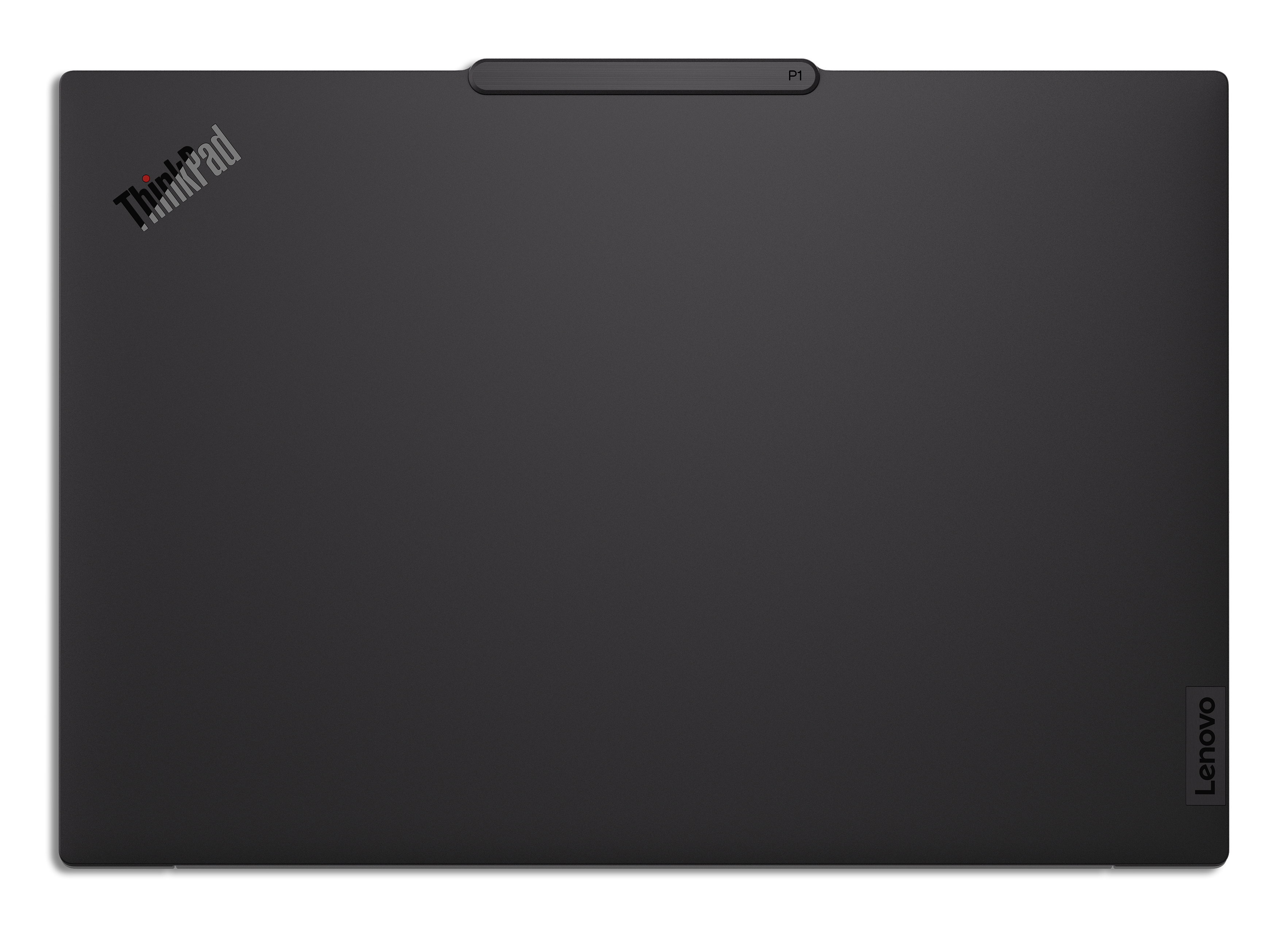 Laptop nero, logo ThinkPad in alto a sinistra, logo Lenovo in basso a destra. Striscia in alto.
