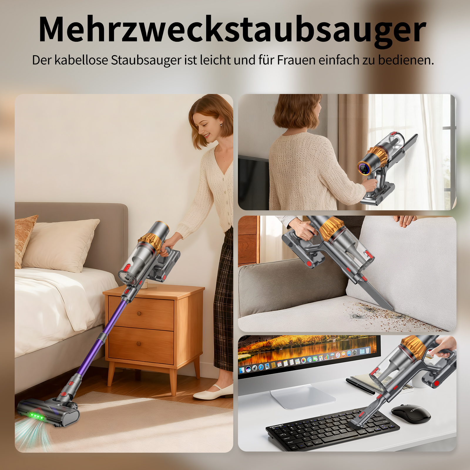Frau benutzt einen kabellosen Staubsauger. Unterbilder zeigen die Verwendung auf Möbeln und Schreibtisch, mit Text auf Deutsch.