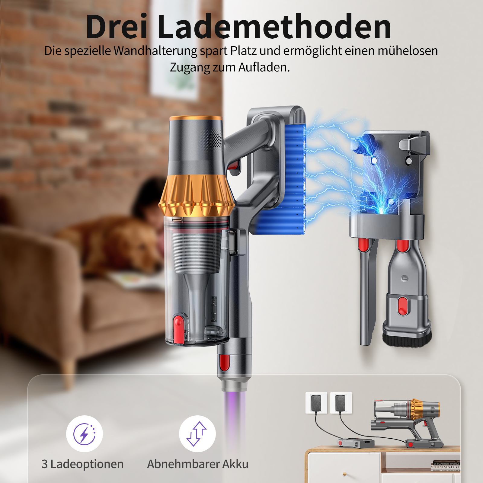 Das Bild zeigt einen Staubsauger mit Ladeoptionen. Er ist an der Wand montiert und hat auch eine Ladestation.