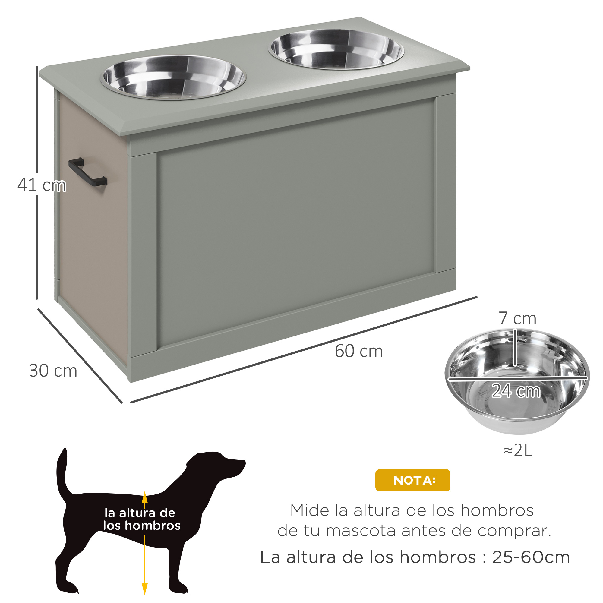 Un soporte para cuencos para mascotas gris y beige con dos cuencos de acero inoxidable. Se proporcionan dimensiones, junto con una silueta de perro.