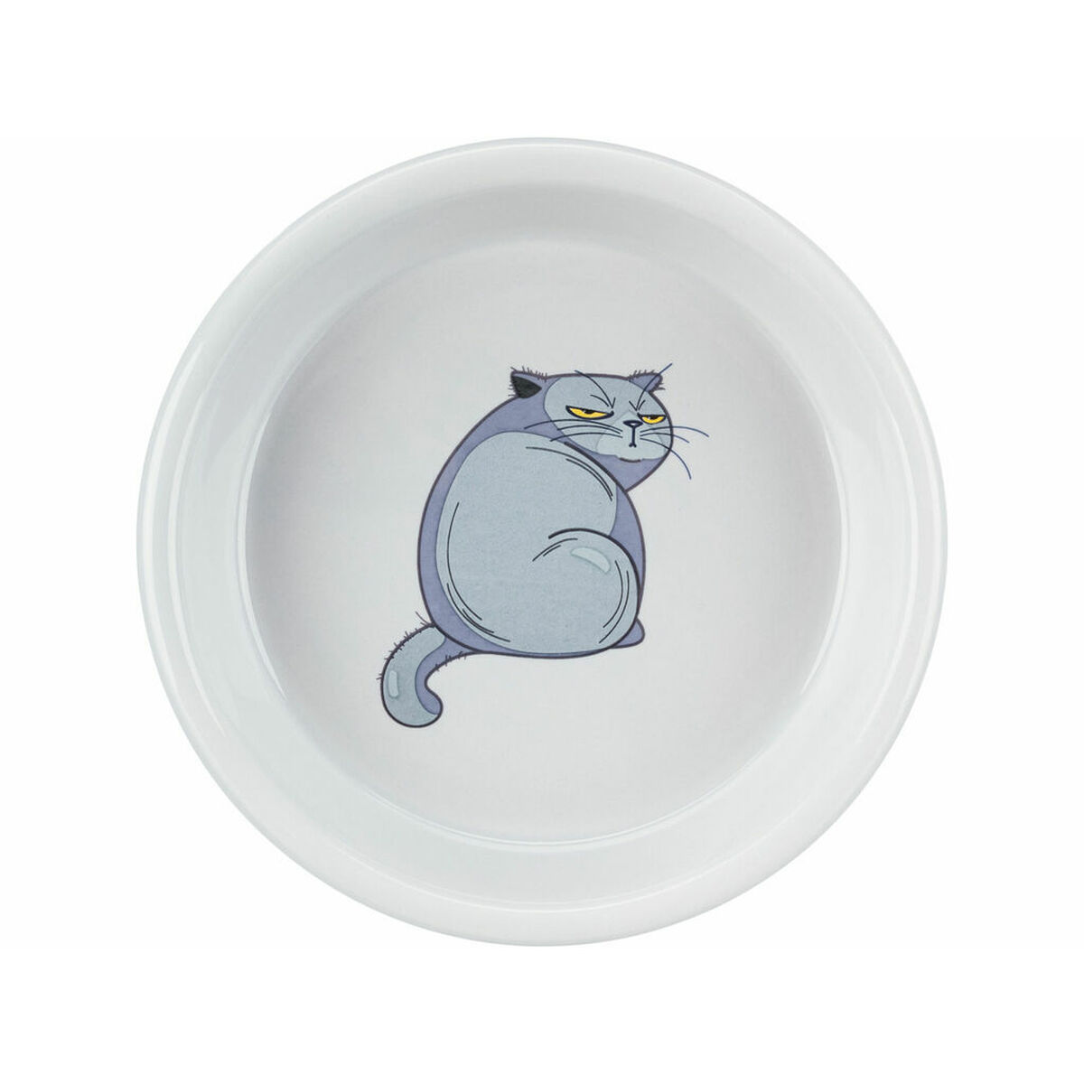 Cuenco blanco con una ilustración de gato de dibujos animados. El gato es gris, con expresión de enfado y mirando por encima del hombro.
