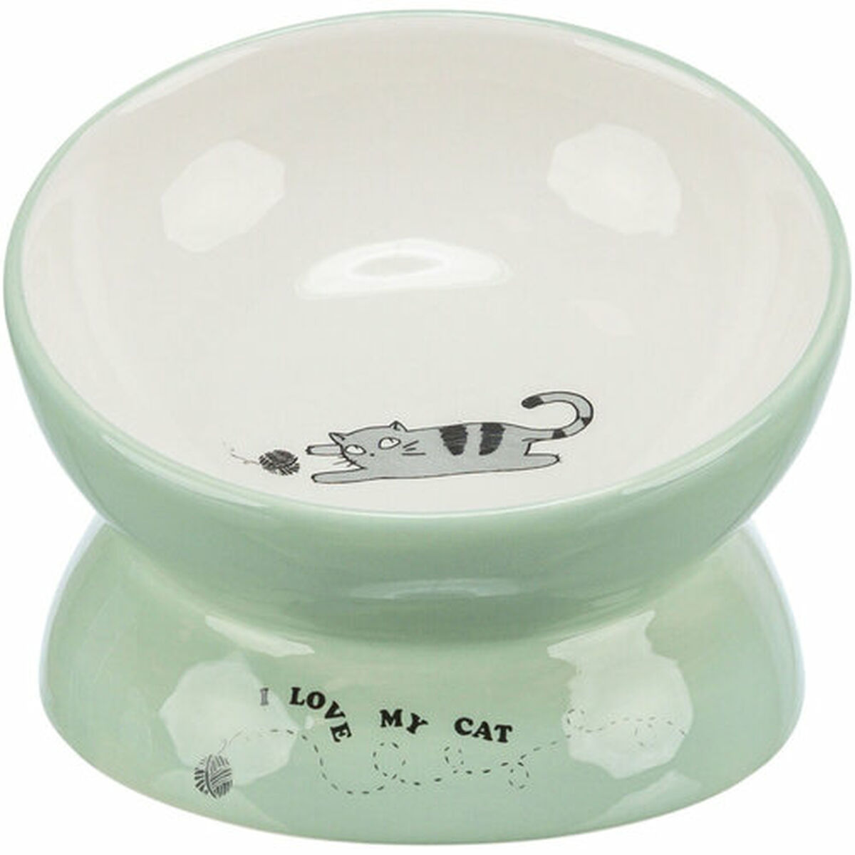 Un cuenco para gatos verde menta con el texto 'Amo a mi gato'. Hay una ilustración de un gato jugando con una bola de hilo.