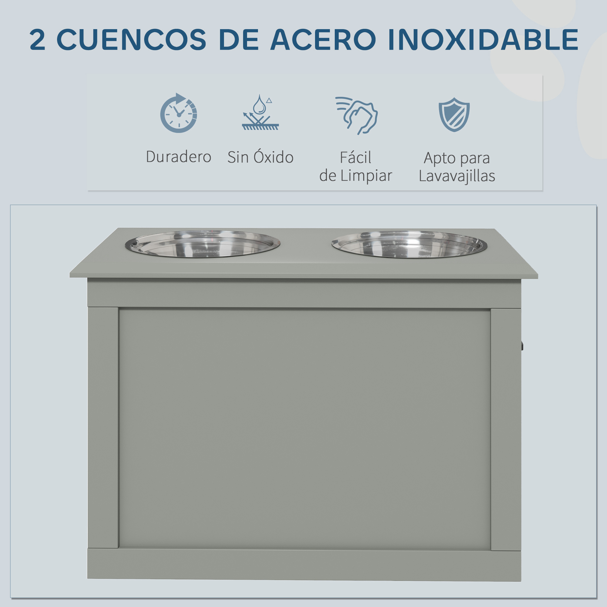 Un soporte gris para comida de mascotas con dos cuencos de acero inoxidable. Características: duradero, inoxidable, fácil de limpiar y apto para lavavajillas.