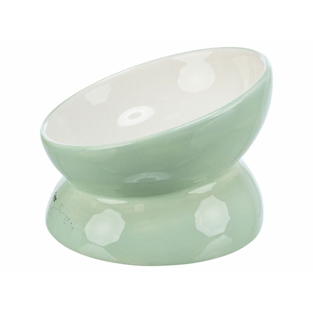 Un cuenco para gatos verde menta inclinado con interior blanco. Tiene una base redondeada y una parte superior ligeramente inclinada, sobre fondo blanco.