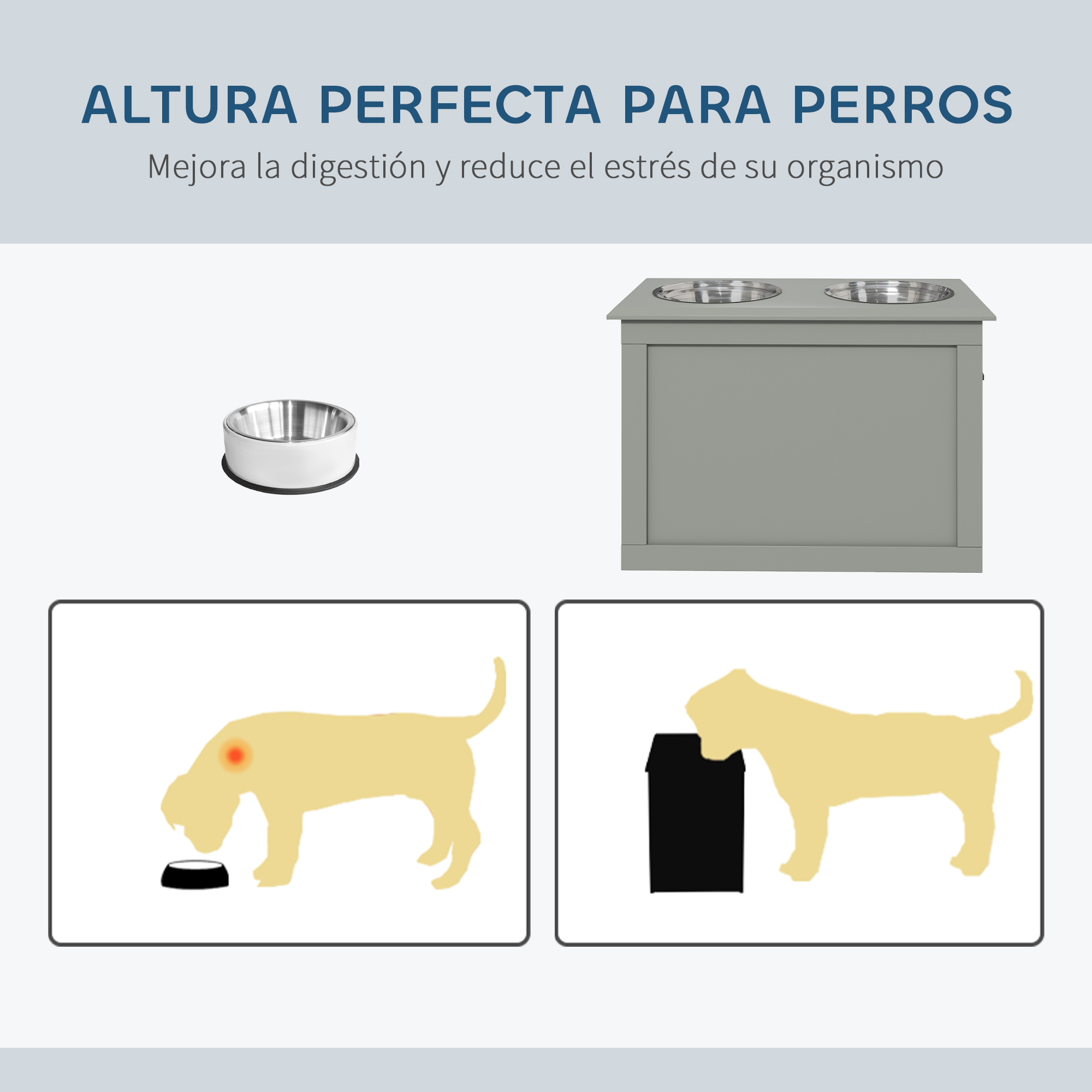 La imagen muestra a perros alimentándose a diferentes alturas. También muestra un cuenco para perros y un comedero elevado.