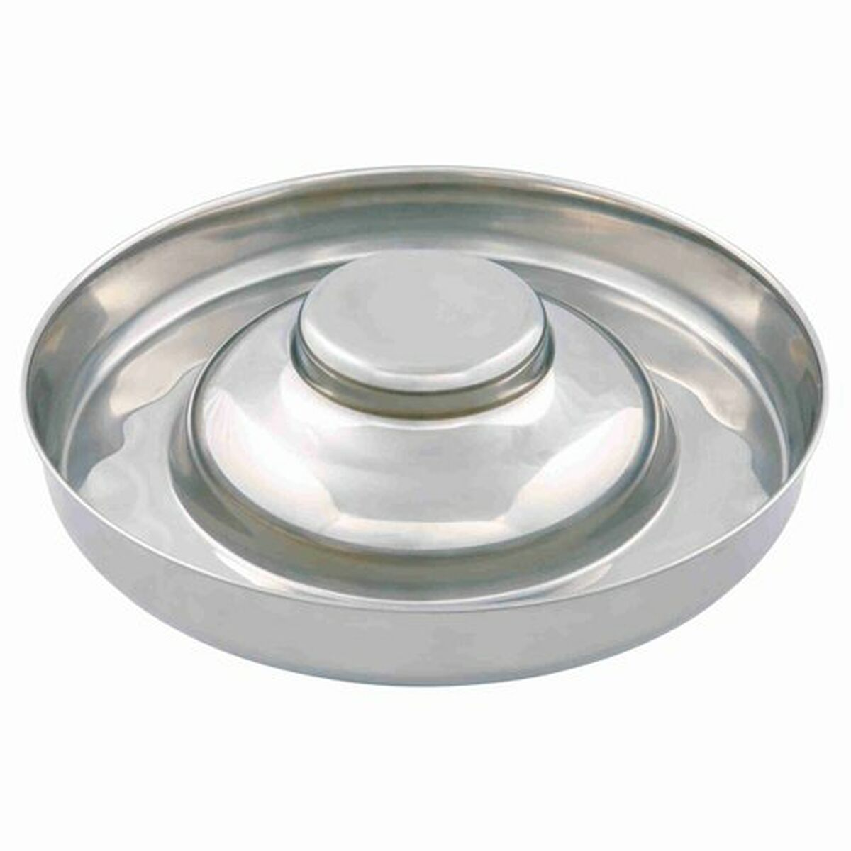 Eine Edelstahlschale für Haustiere mit erhabener Mitte und einem breiten, flachen äußeren Ring.