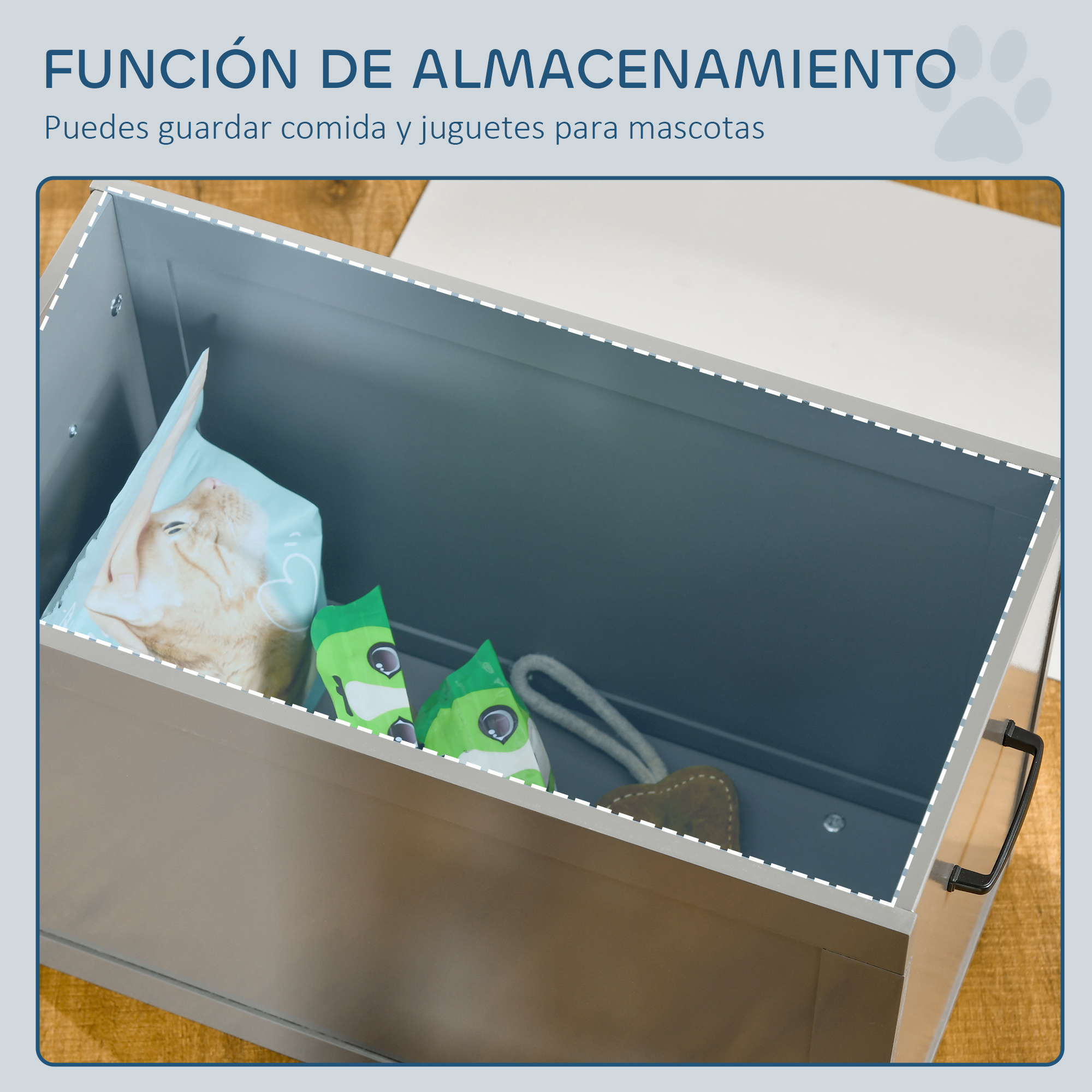 Caja de almacenamiento abierta con bolsa de comida para mascotas, juguetes y juguete de cuero en forma de corazón. Caja gris, contorno punteado blanco.