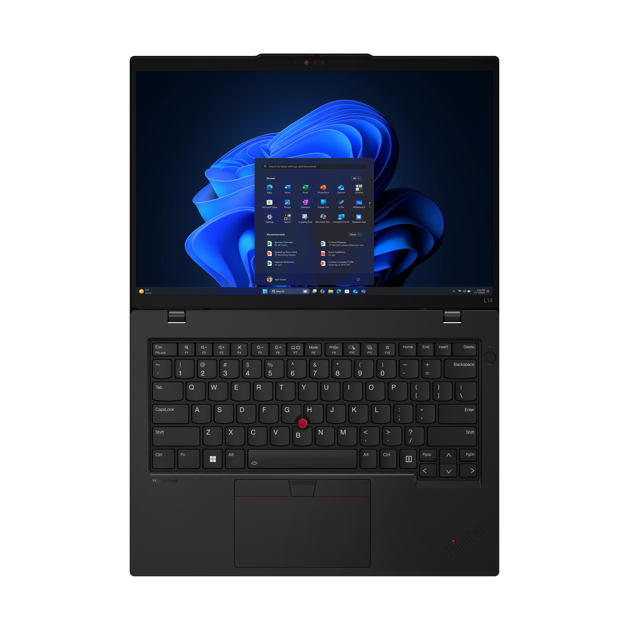 Laptop nero aperto su una scrivania, che mostra il desktop di Windows. Tastiera visibile, con un trackpoint rosso. Menu di Windows aperto.