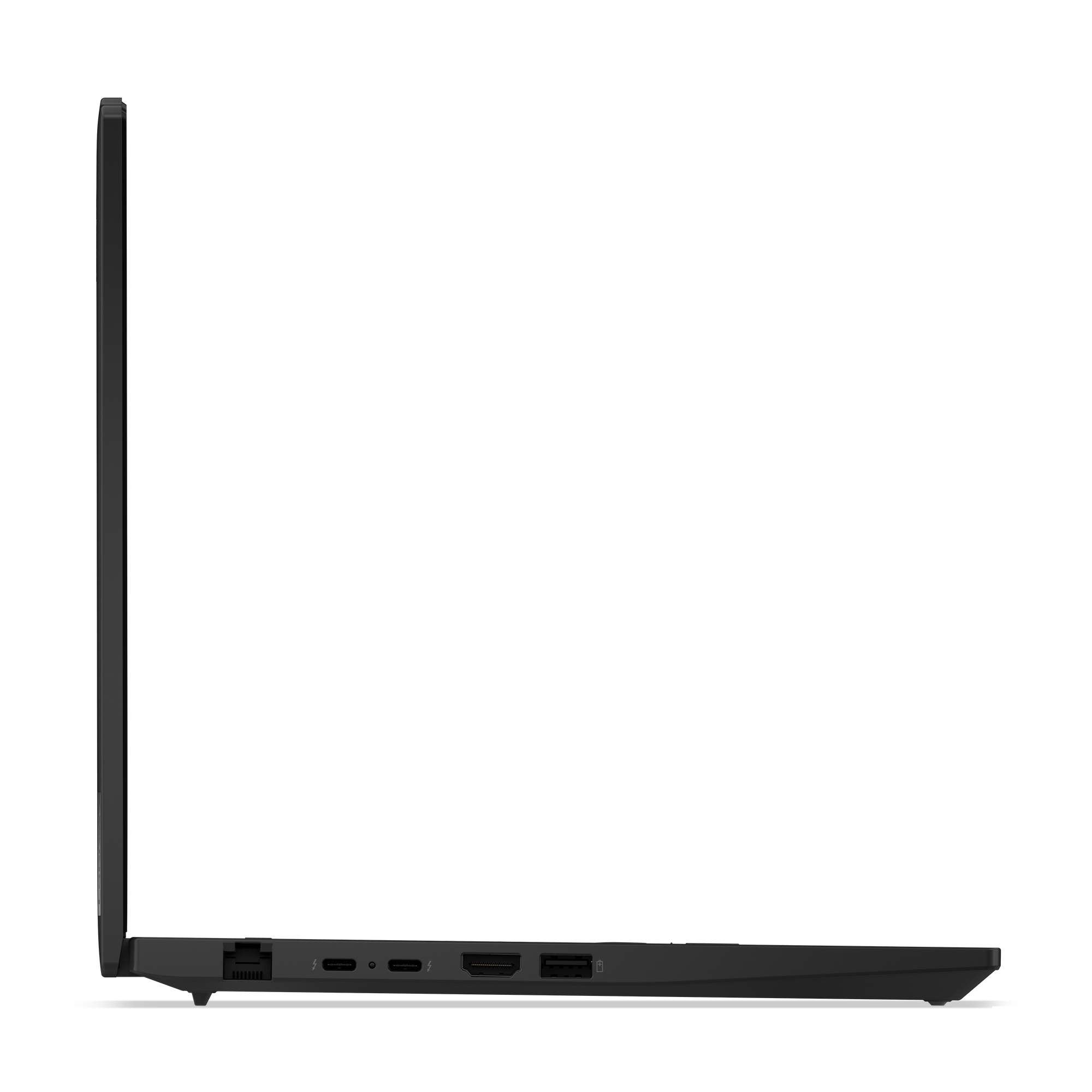 Vista laterale di un laptop nero. Le porte includono ethernet, USB e HDMI. Lo schermo è chiuso.