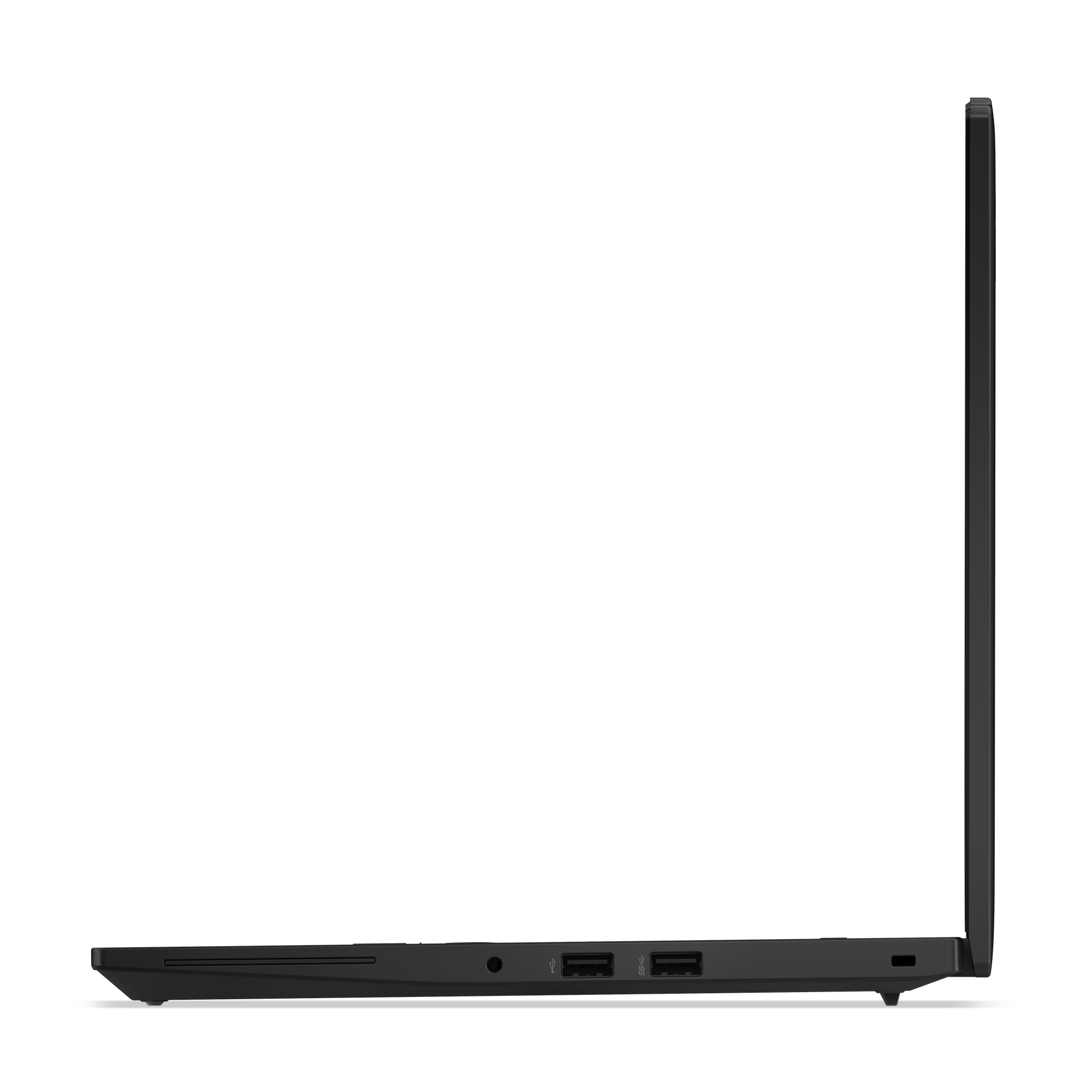 Vista laterale di un laptop nero su sfondo bianco. Le porte visibili includono USB e audio. Lo schermo è chiuso.