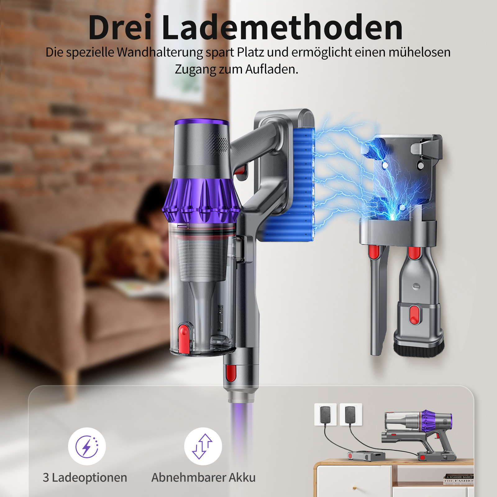 Staubsaugerkomponenten und Ladestationen. Der Hintergrund zeigt ein Wohnzimmer mit Person und Hund.