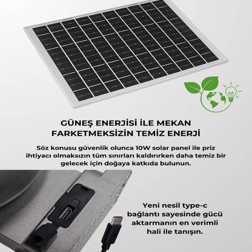Güneş paneli, temiz enerji hakkında Türkçe metin ve bir USB-C kablosu gösteriliyor. Görüntü güneş enerjisi kullanımını teşvik ediyor.