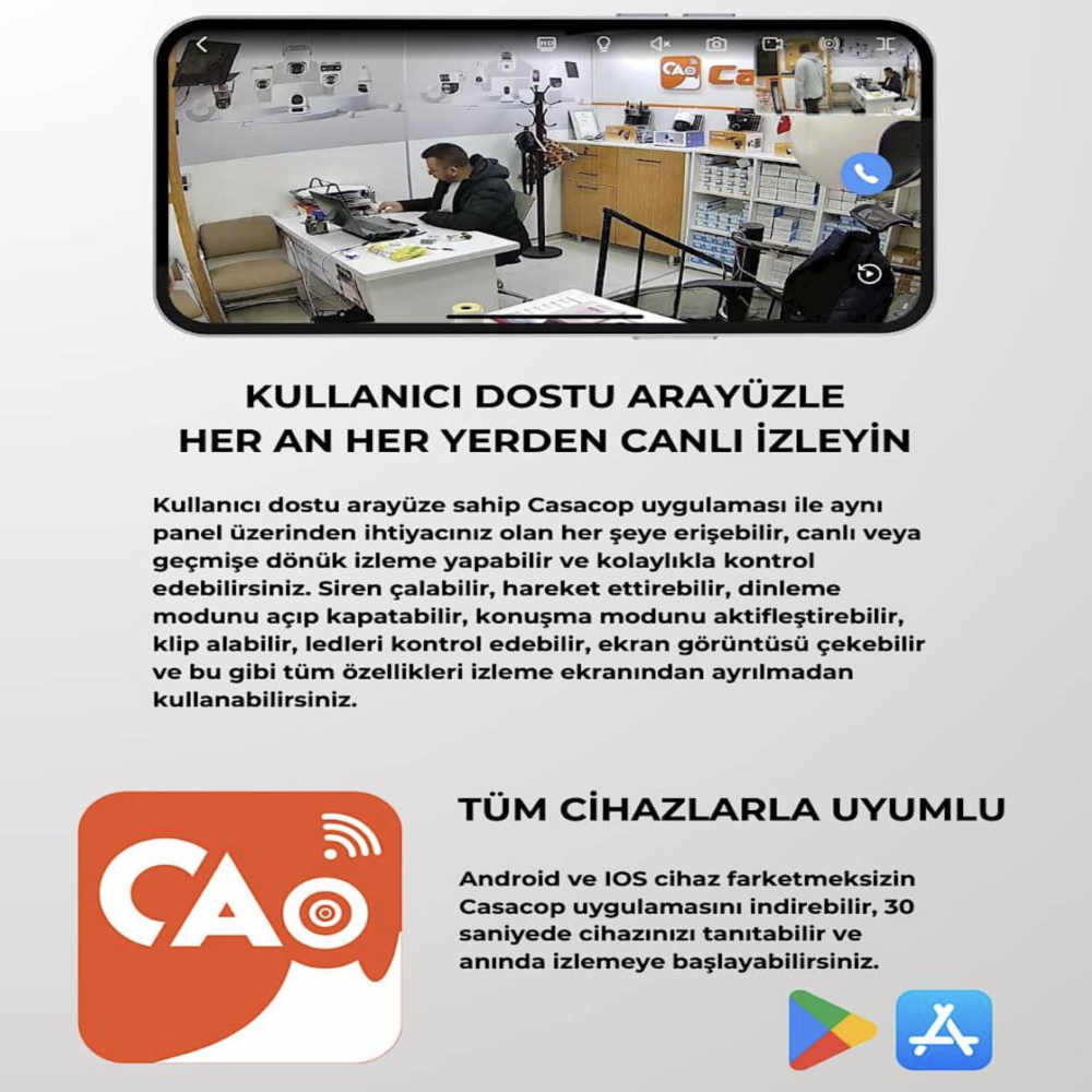 Canlı kamera görüntüsü gösteren bir telefon. Metin, kullanıcı dostu arayüz, canlı izleme ve tüm cihazlarla uyumluluktan bahsediyor.