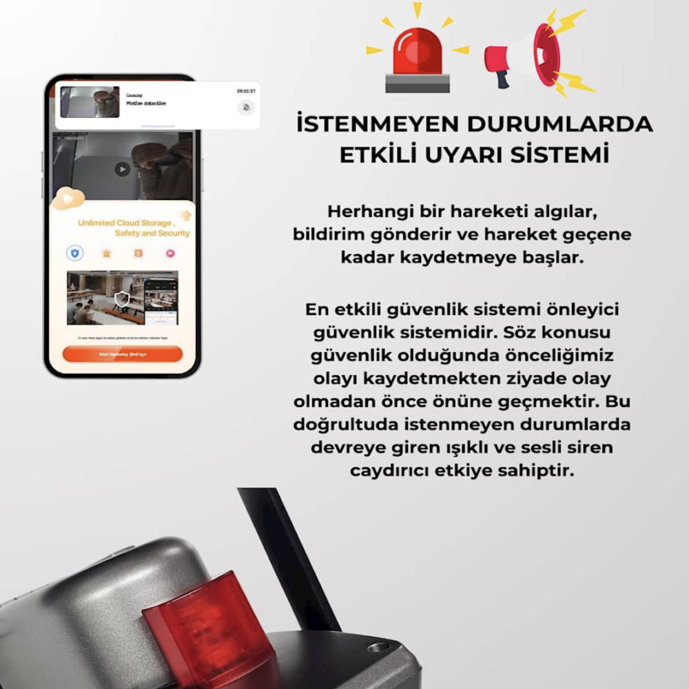 Bir telefon, güvenlik uygulaması kullanıcı arayüzünü görüntüler. Metin şöyle diyor: 'istenmeyen durumlar etkili uyarı sistemi'.