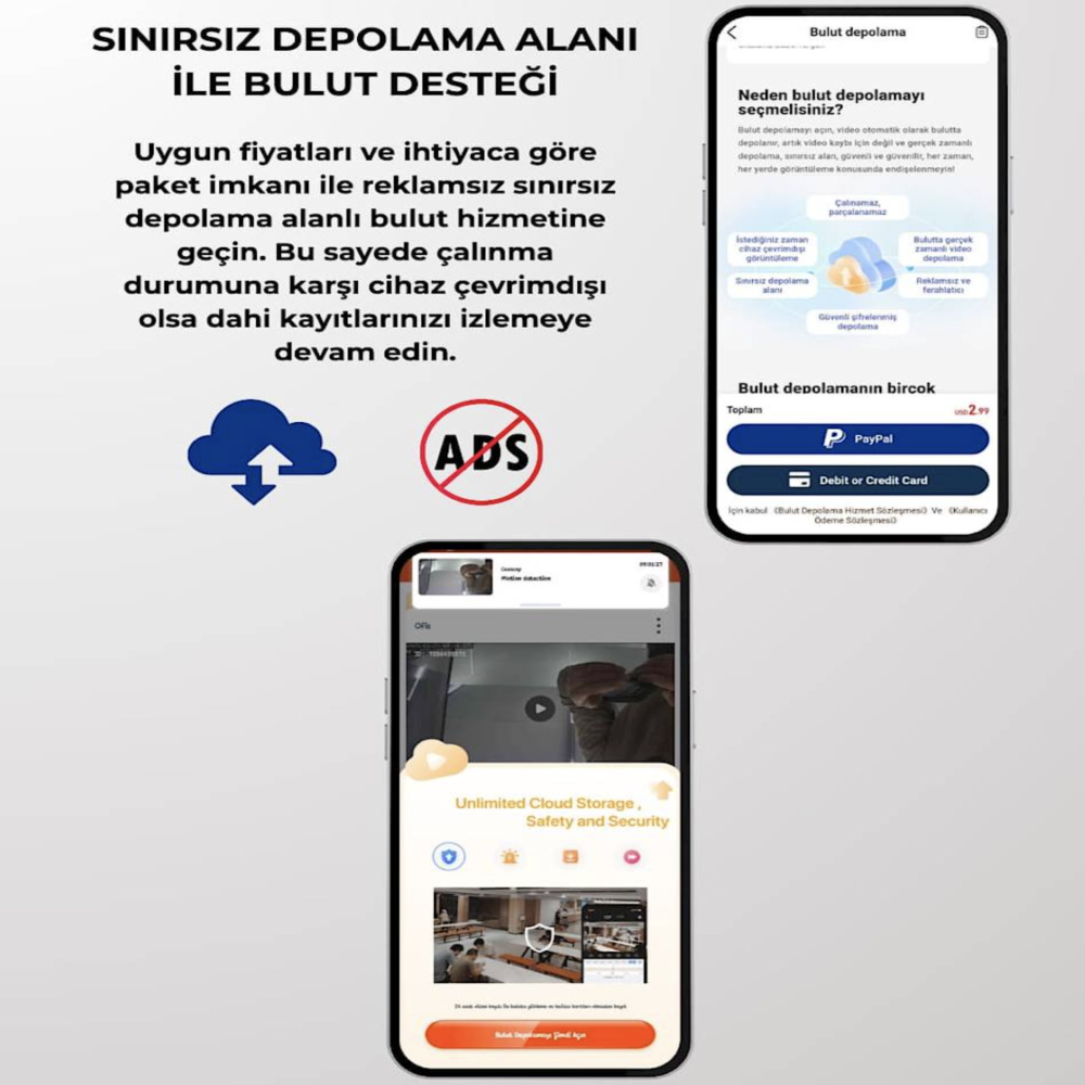 Bulut depolama reklamı. Telefon, bulut simgesini ve depolama ayrıntılarını gösteriyor. Türkçe ve İngilizce metin.