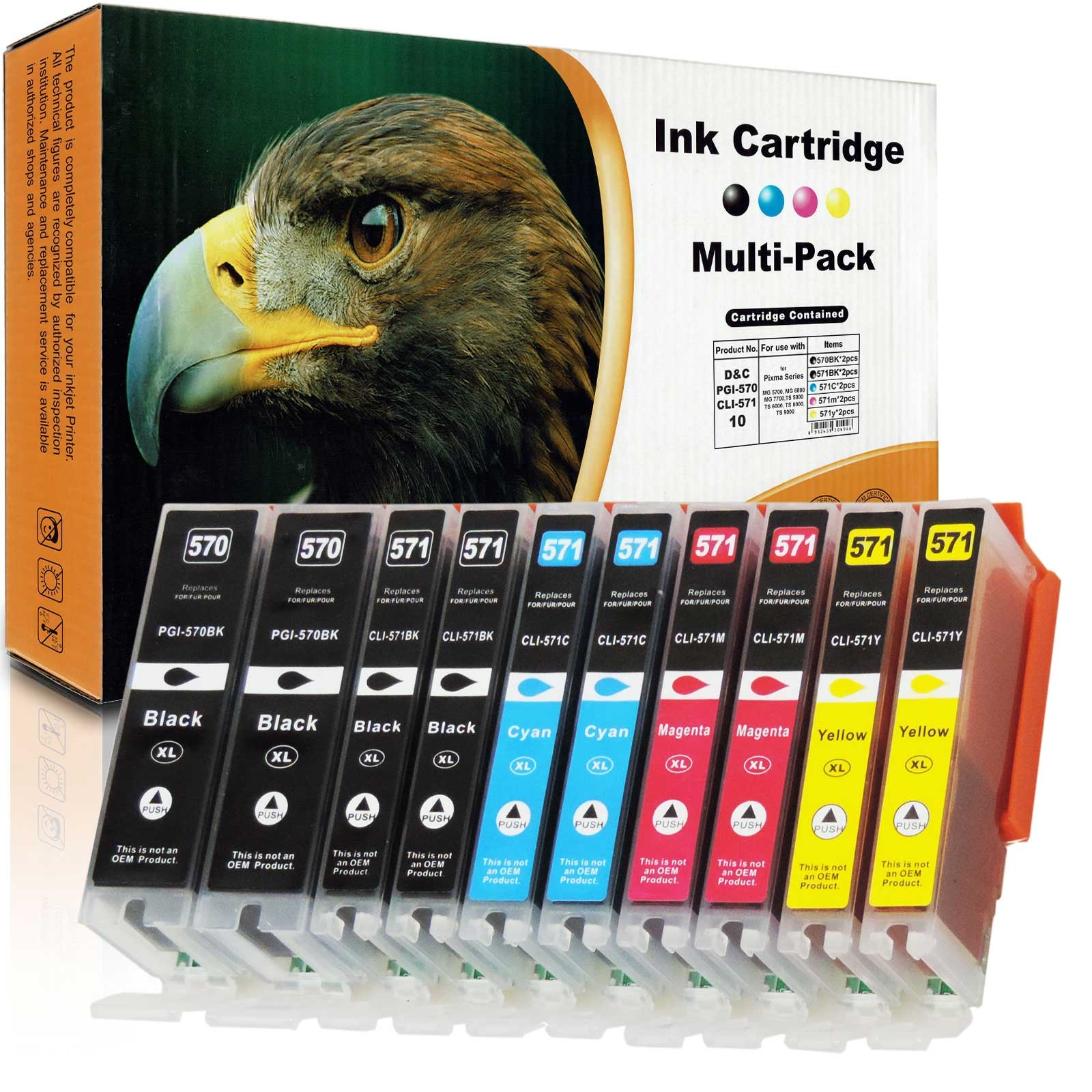 Tintenpatronen-Multipack mit Adlerbild. Enthält schwarze, cyanfarbene, magentafarbene und gelbe Patronen.