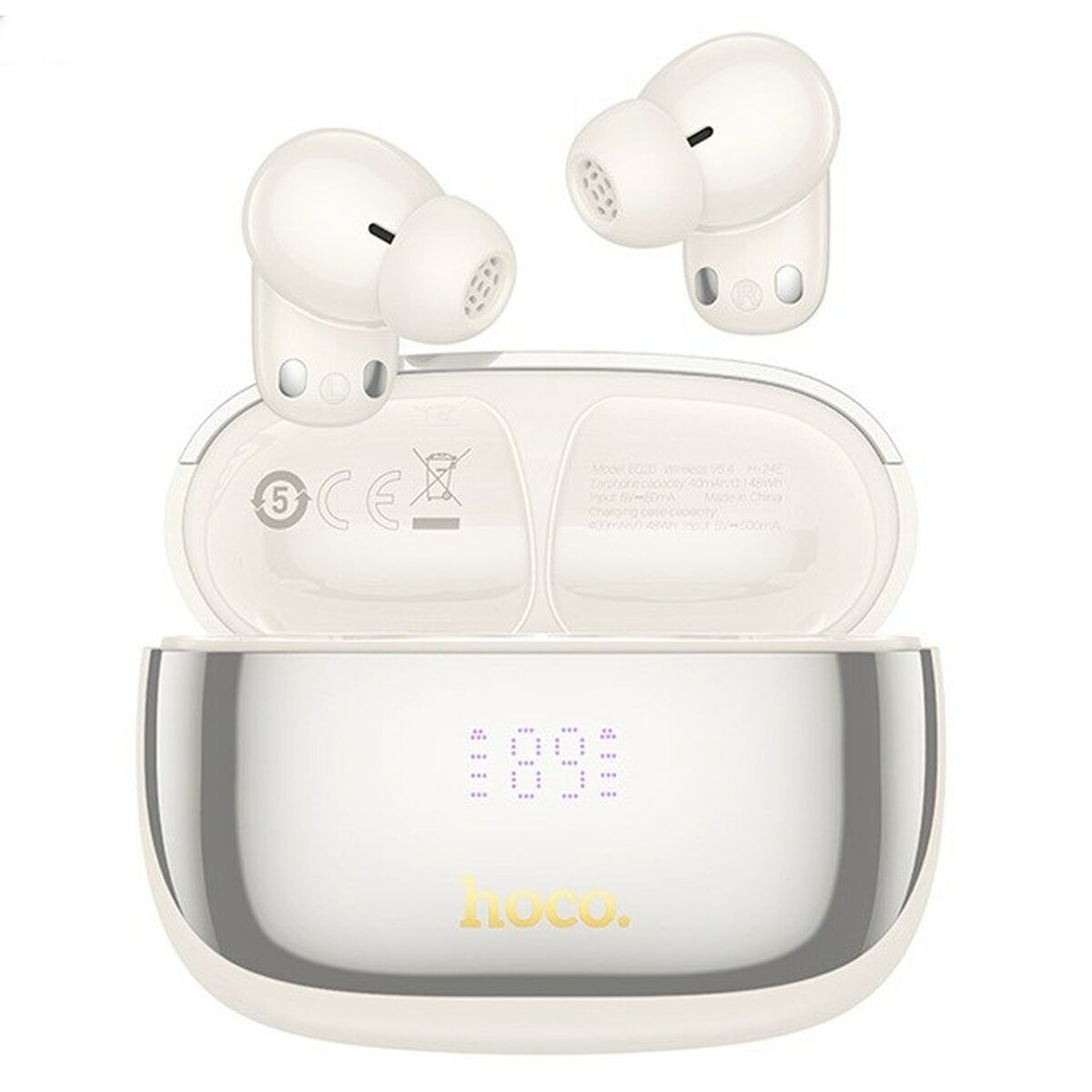 Auriculares inalámbricos blancos con estuche de carga, que muestra la duración de la batería. El estuche tiene un fondo plateado brillante con la marca 'hoco'.