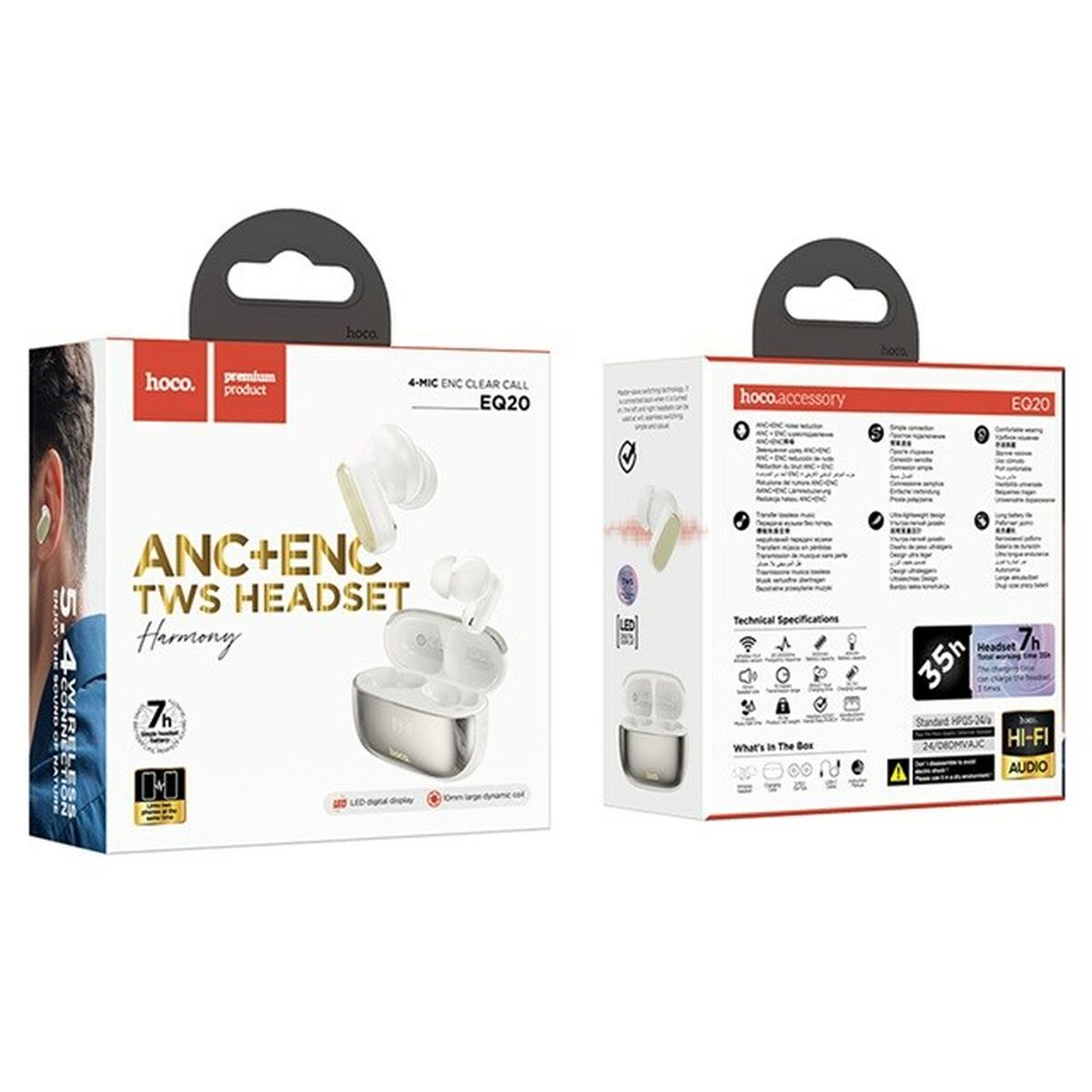Dos cajas de auriculares Hoco EQ20 TWS. Una muestra el producto y sus características, la otra detalla especificaciones y contenido.