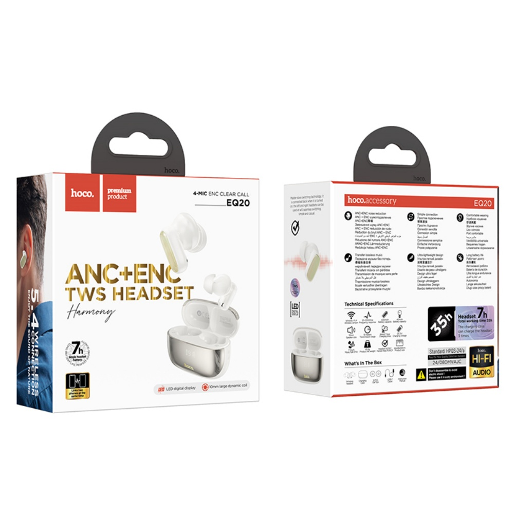 Caja de auriculares con auriculares blancos. El texto dice 'ANC+ENC TWS HEADSET Harmony'. La caja muestra especificaciones y la marca 'hoco'.