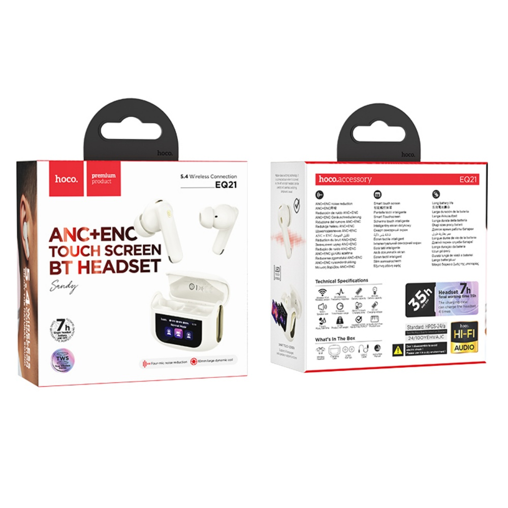 Box von hoco EQ21, ANC+ENC Touchscreen BT-Headset, weiße Ohrhörer, schwarzes Etui, Text auf Englisch, Spanisch, Deutsch.