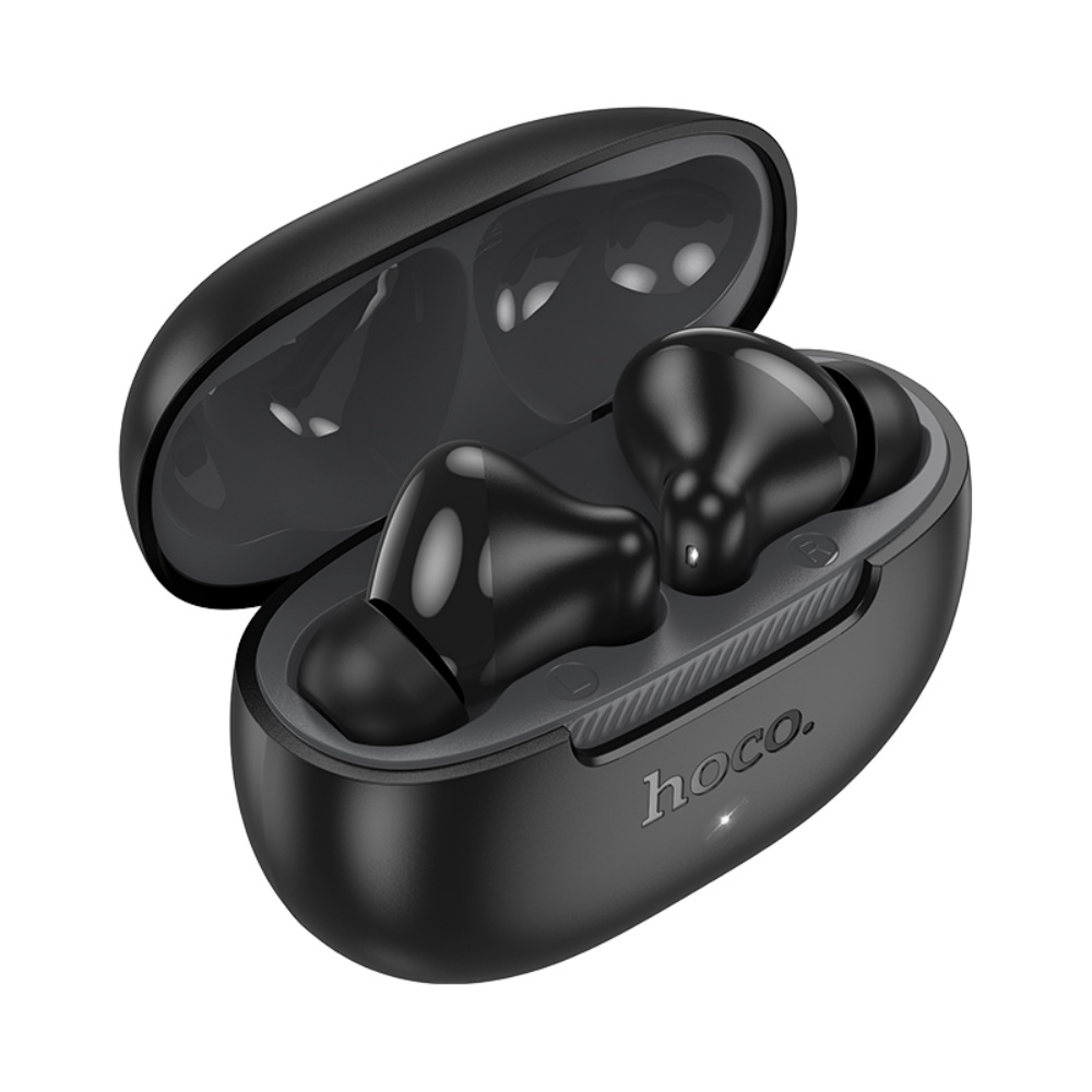 Auricolari wireless neri in una custodia di ricarica aperta. Il coperchio della custodia è aperto. Il marchio 'hoco' è visibile.