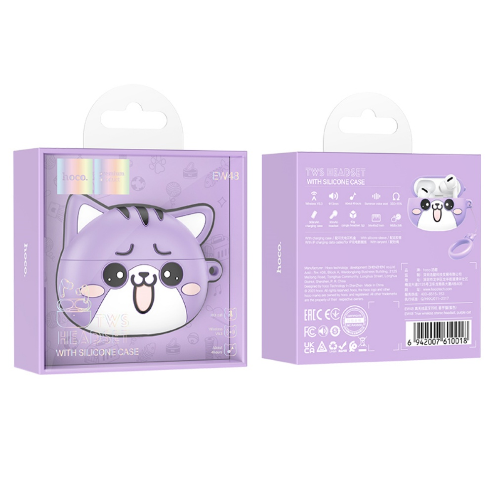 Caja de auriculares TWS con forma de gato morado con cara de gato blanca. La caja es morada y tiene la marca hoco.