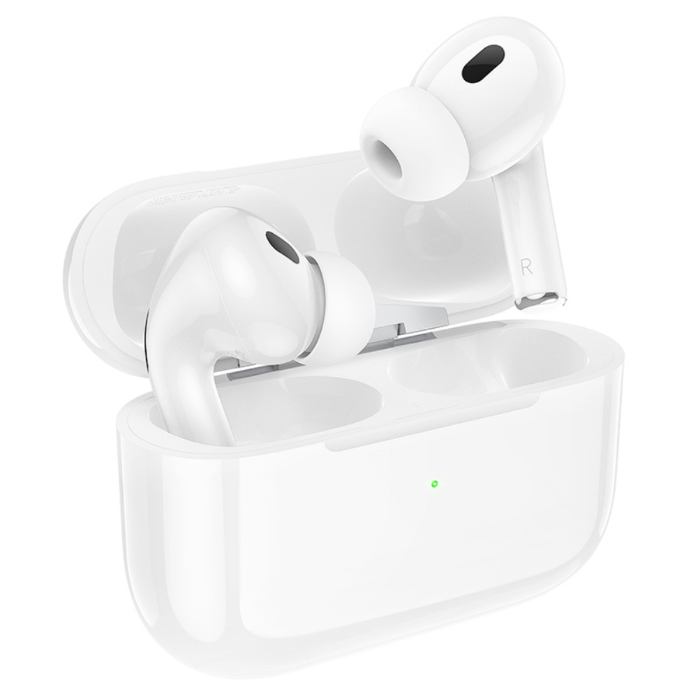 Auriculares inalámbricos blancos en un estuche de carga abierto. Un auricular está fuera del estuche. El estuche tiene una luz verde.