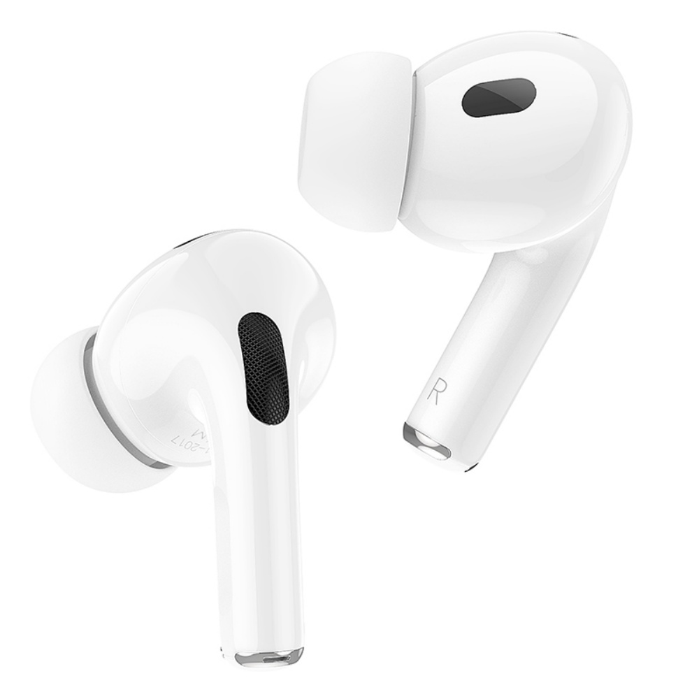 Dos auriculares inalámbricos blancos con malla negra en la parte inferior y la letra 'R' en uno. Sobre fondo blanco.