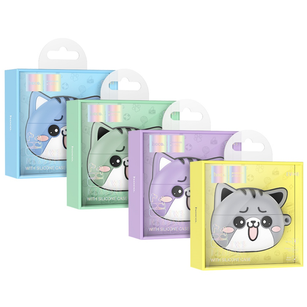 Cuatro cajas coloridas con estuches para auriculares con forma de gato. Cada caja es de un color diferente: azul, verde, morado y amarillo. Todas tienen una asa blanca.