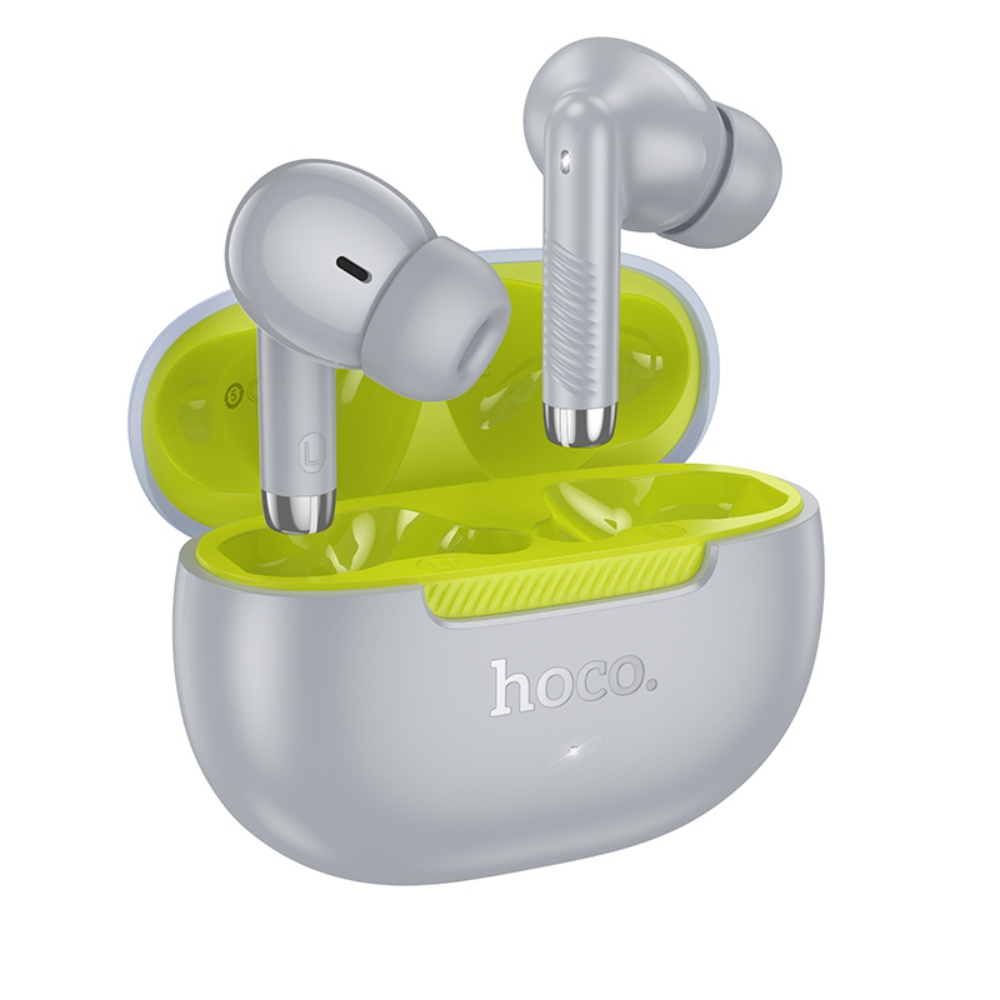 Auricolari wireless grigi e verde lime in un astuccio di ricarica. L'astuccio è aperto, mostrando gli auricolari e un interno verde lime.
